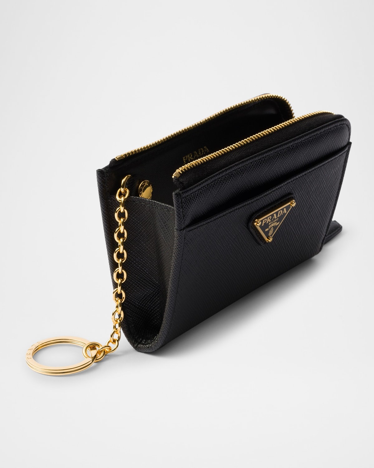 【PRADA】Triangle logo Saffiano zip card holder Prada Triangle Logo Saffiano Leather Card Holder in Black