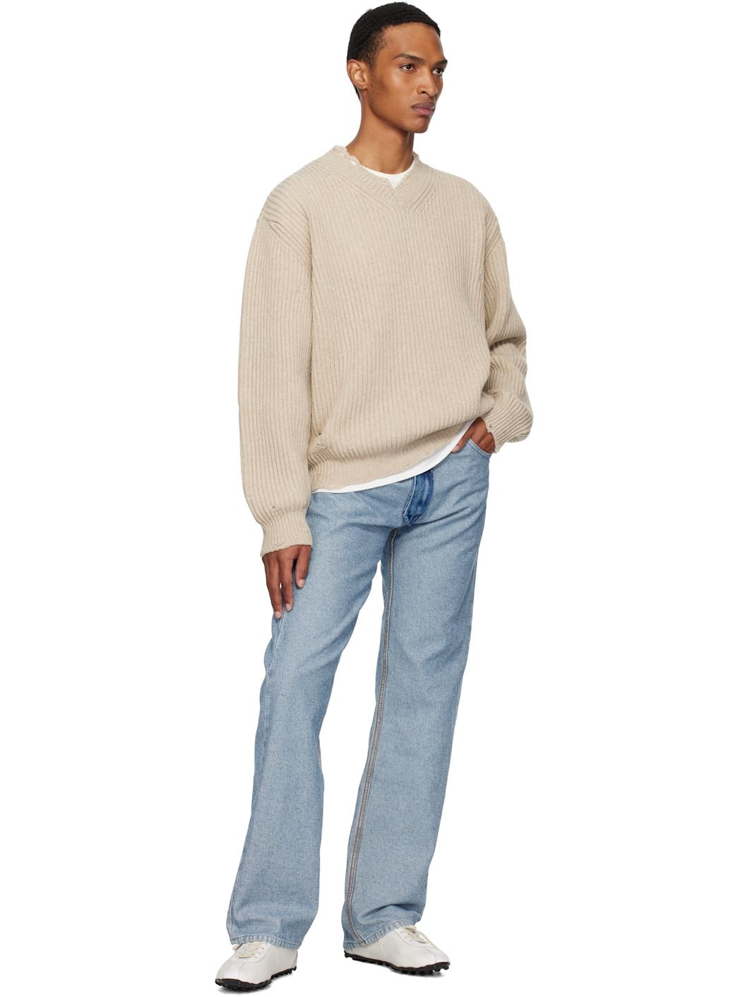 Beige Ribbed Wool Knit Sweater - 4