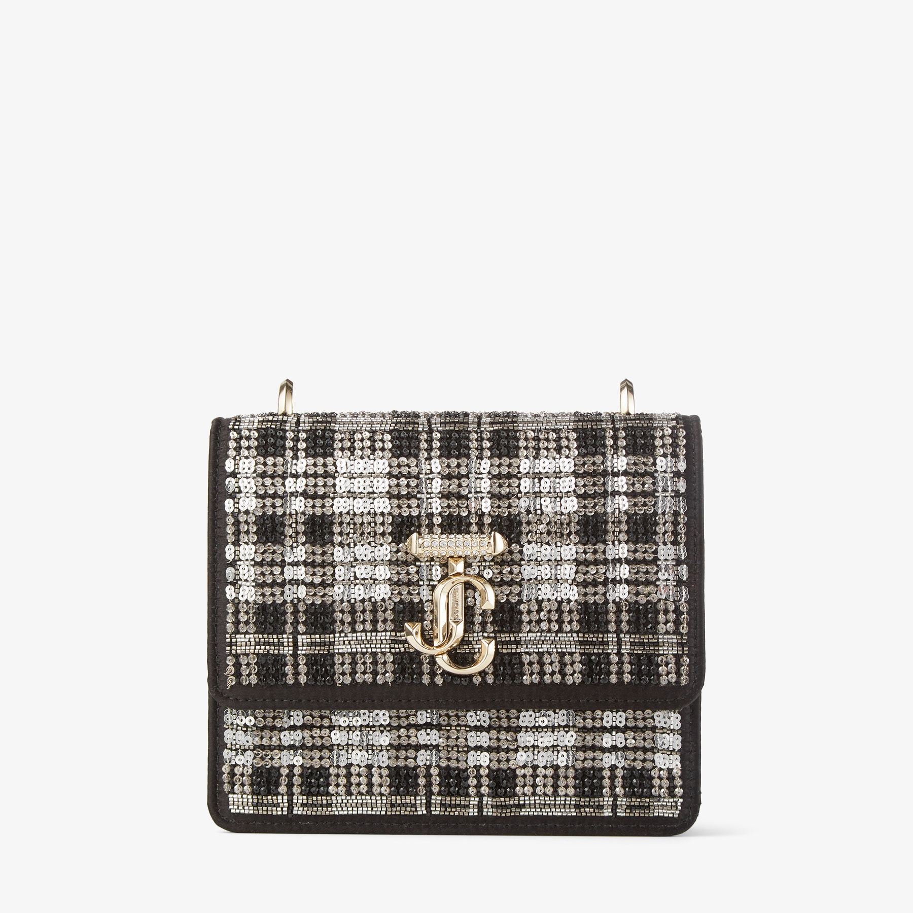 Avenue Quad XS
Black Satin Beaded Tartan Shoulder Bag with Pearl Strap - 1