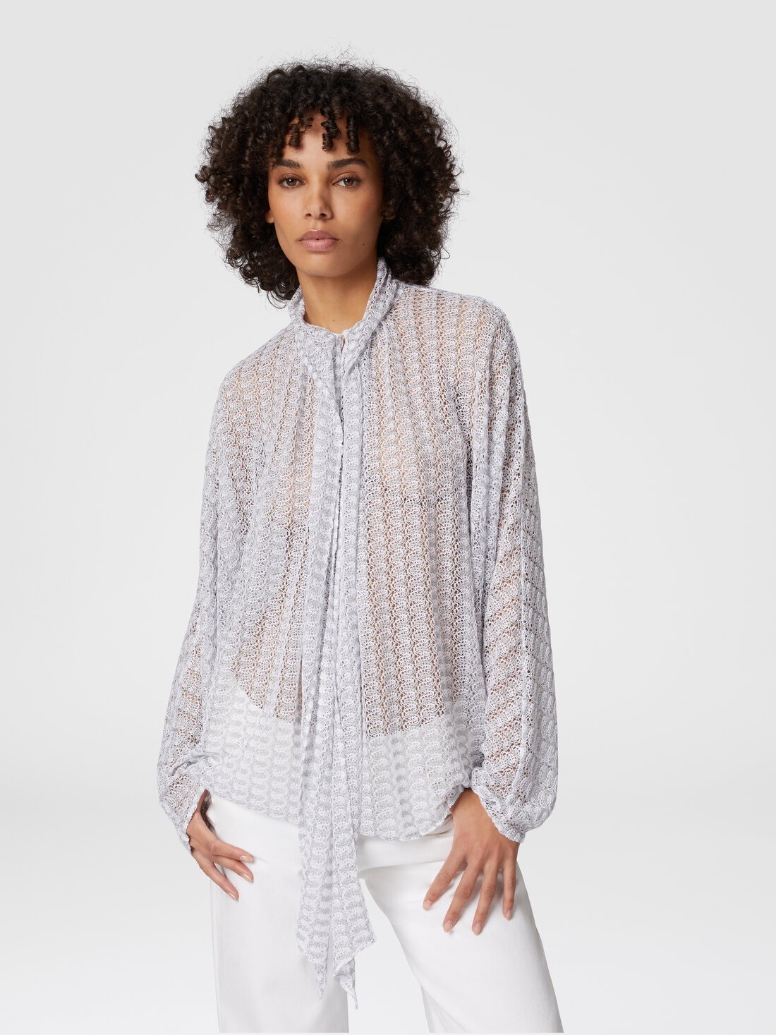 Lamé viscose lace blouse with sash collar - 4