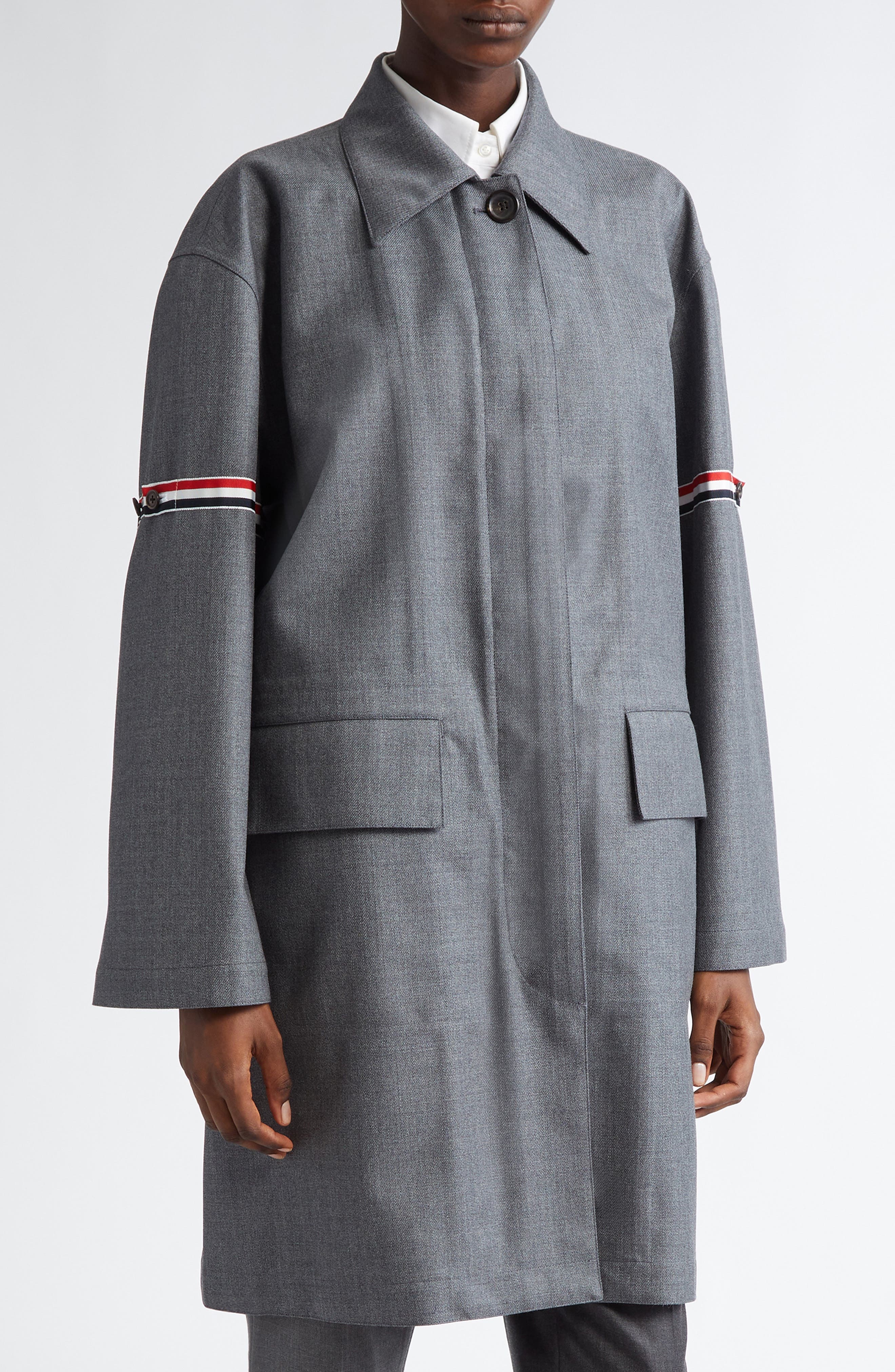 Thom Browne Tricolor Armband Water Resistant Wool Blend Twill Coat in Medium Grey at Nordstrom - 1