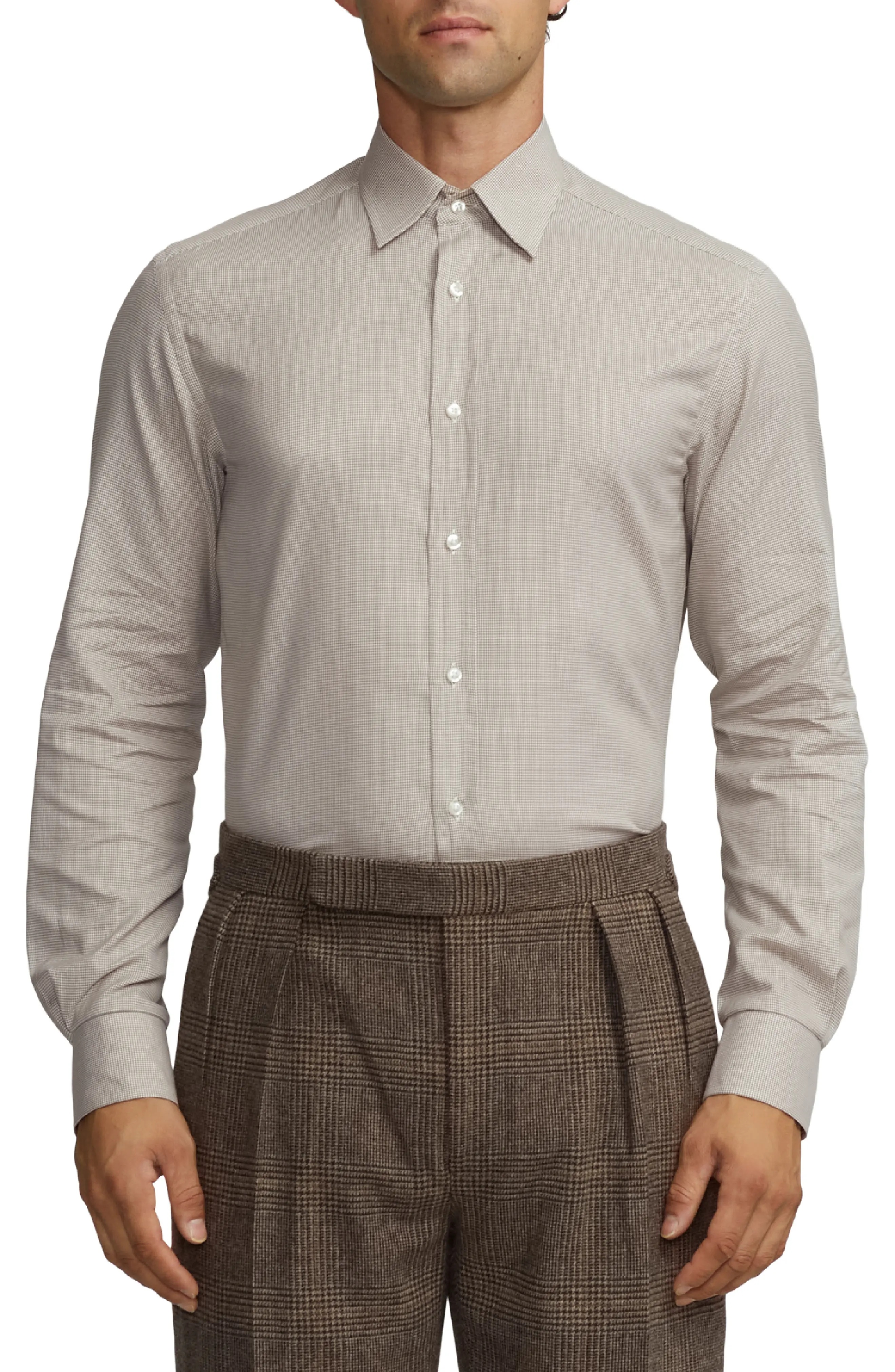 Houndstooth Cotton Twill Button-Up Shirt in Taupe/Cream - 1