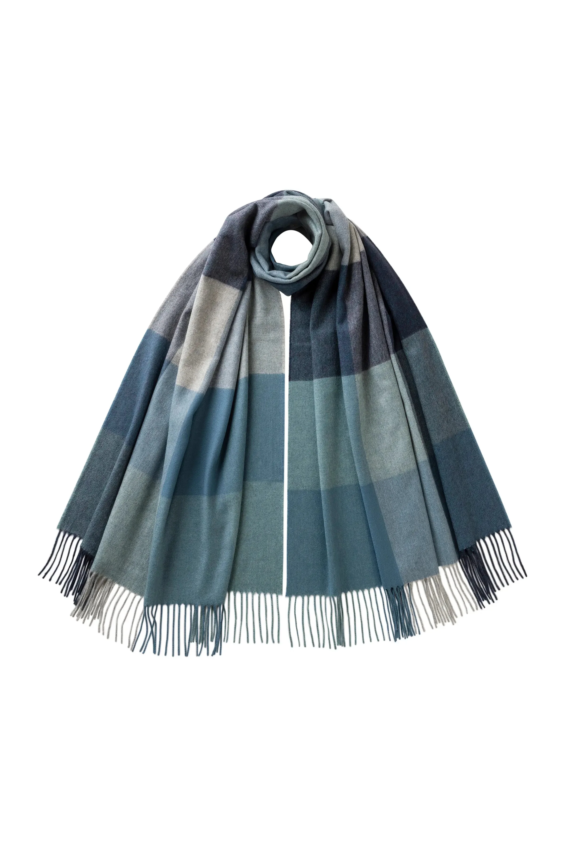 Block Check Blue Cashmere Stole - 1