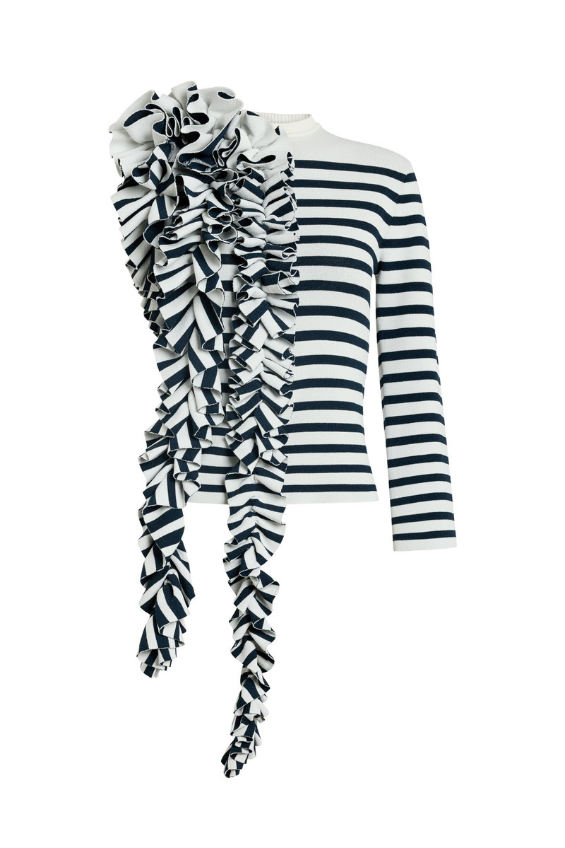 KNITTED FITTED TOP WITH RUFFLE WHITE NAVY STRIPED 6