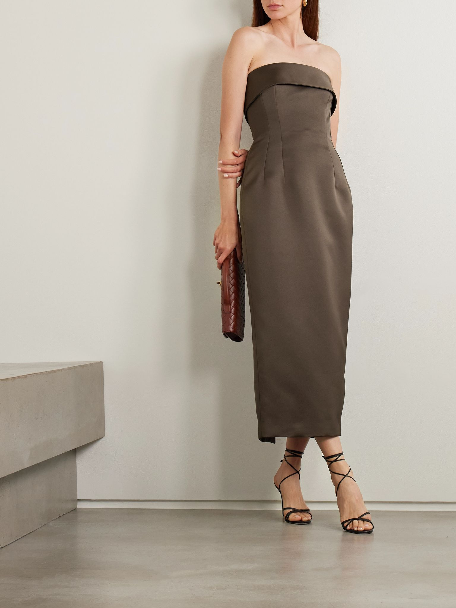 Keeley Mudu strapless duchesse-satin midi dress Brown - 2