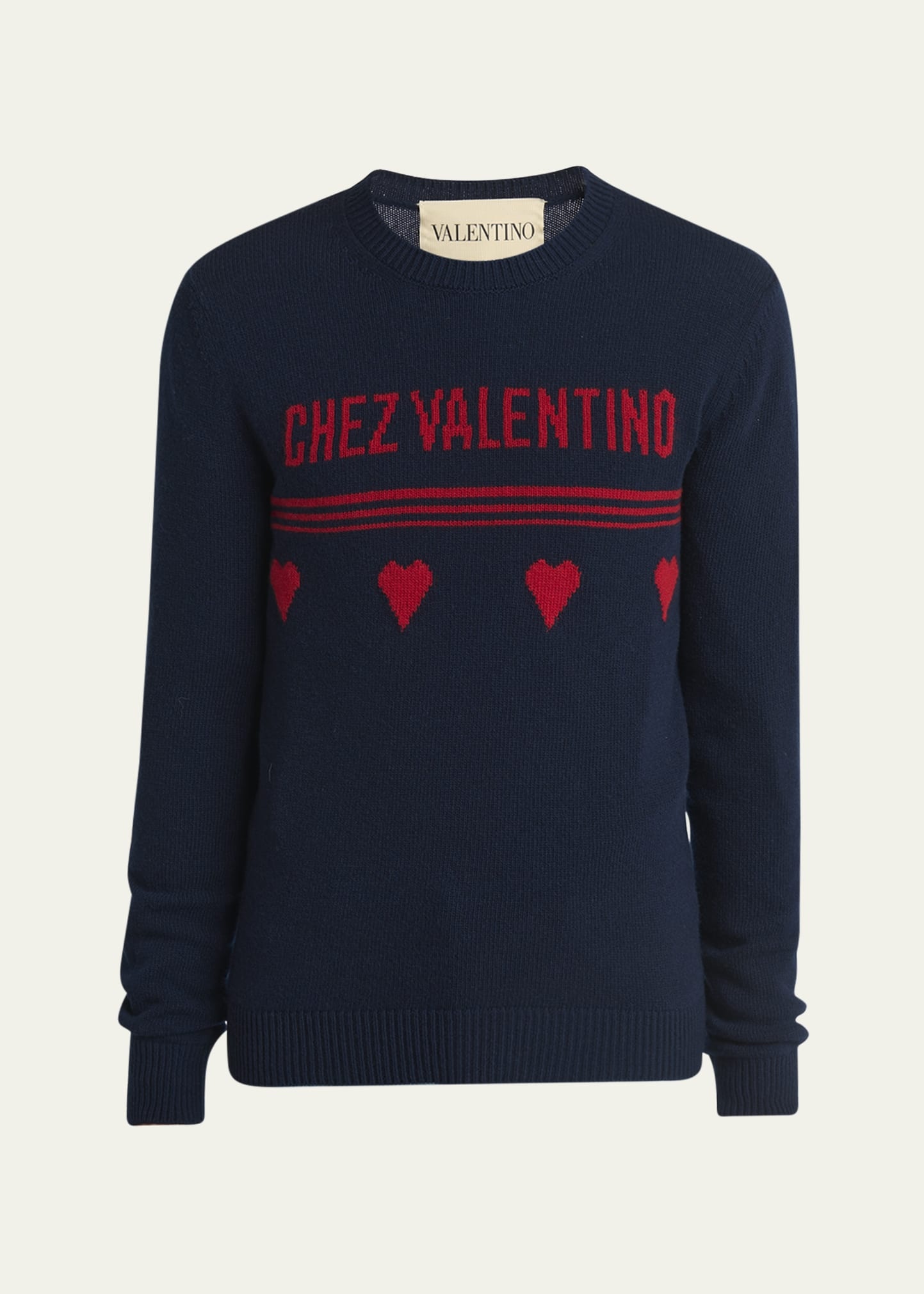 Men's Wool Chez Valentino Heart Jacquard Crewneck Sweater - 1
