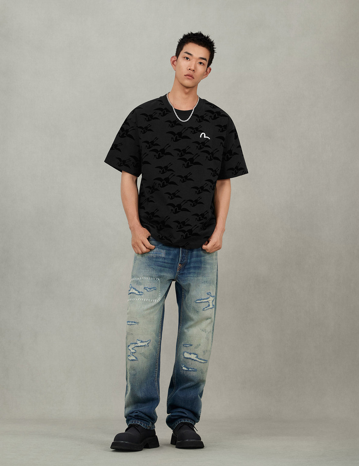 Allover Seagull Crane Flocking Print Relax Fit T-shirt - 5
