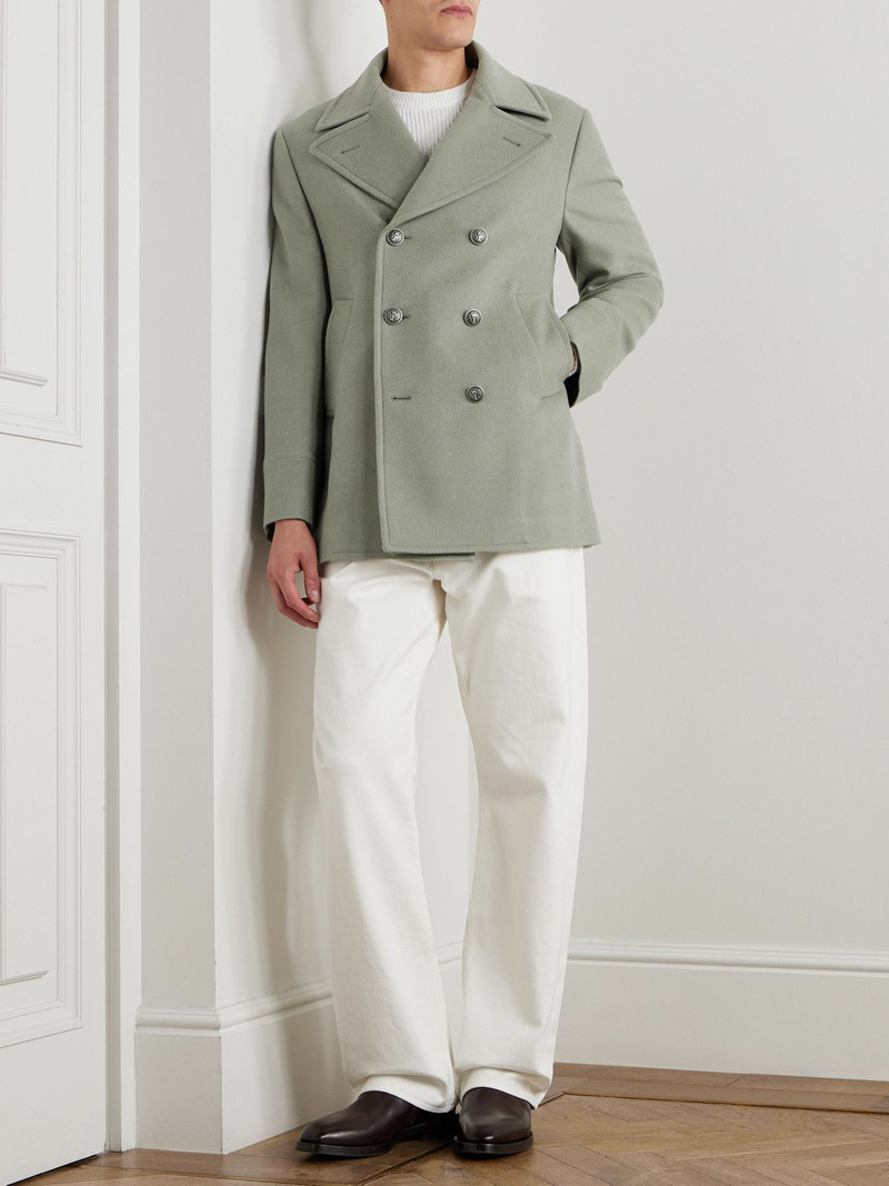 Brunello Cucinelli Double-Breasted Brushed-Wool Peacoat Green outlook