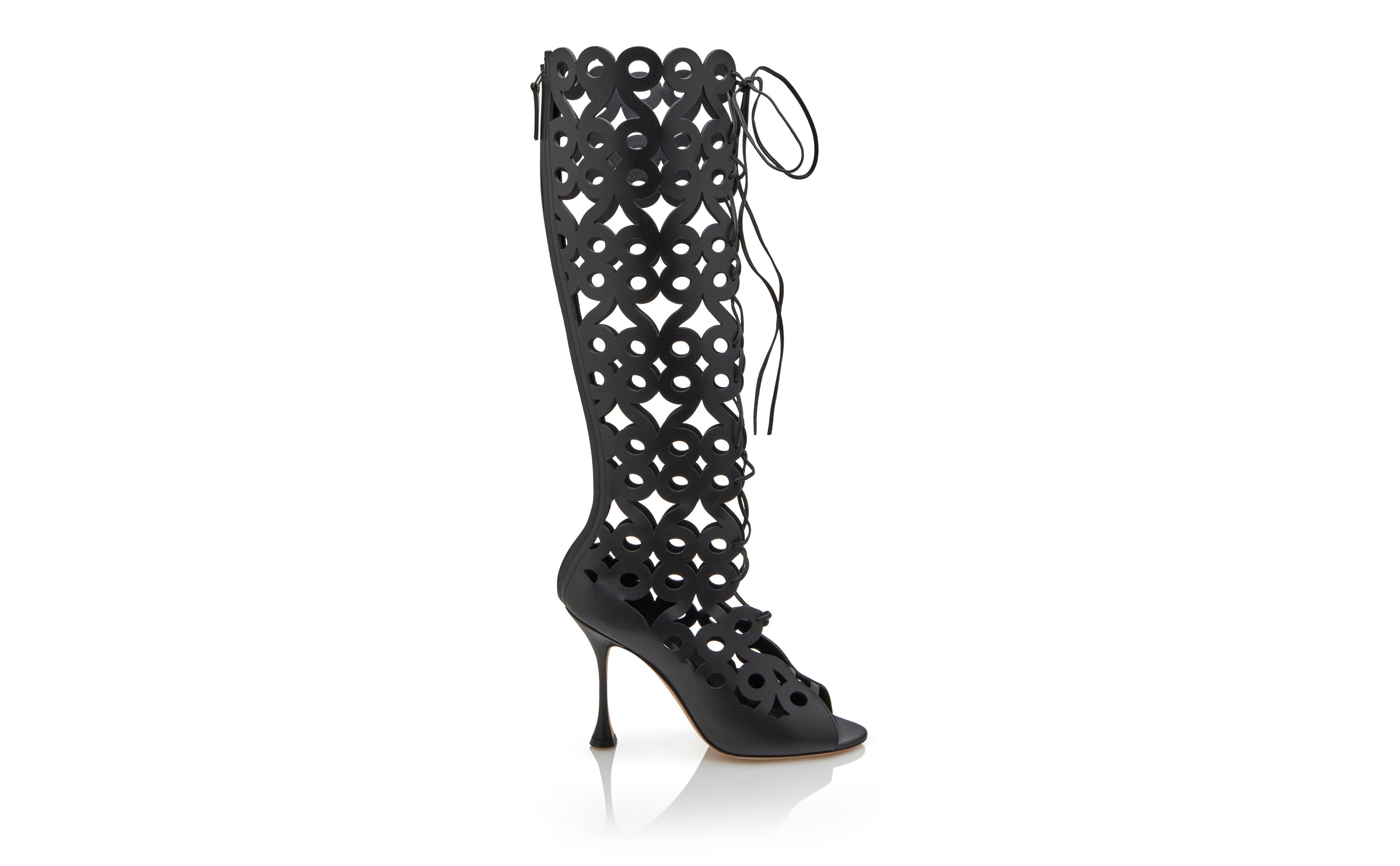 Manolo Blahnik Black Calf Leather Cut Out Knee High Boots | REVERSIBLE