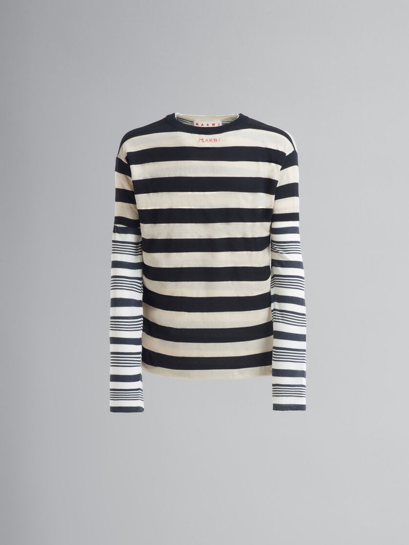 BLACK AND WHITE LAYERED COTTON CREW-NECK WITH CONTRAST STRIPES - 1