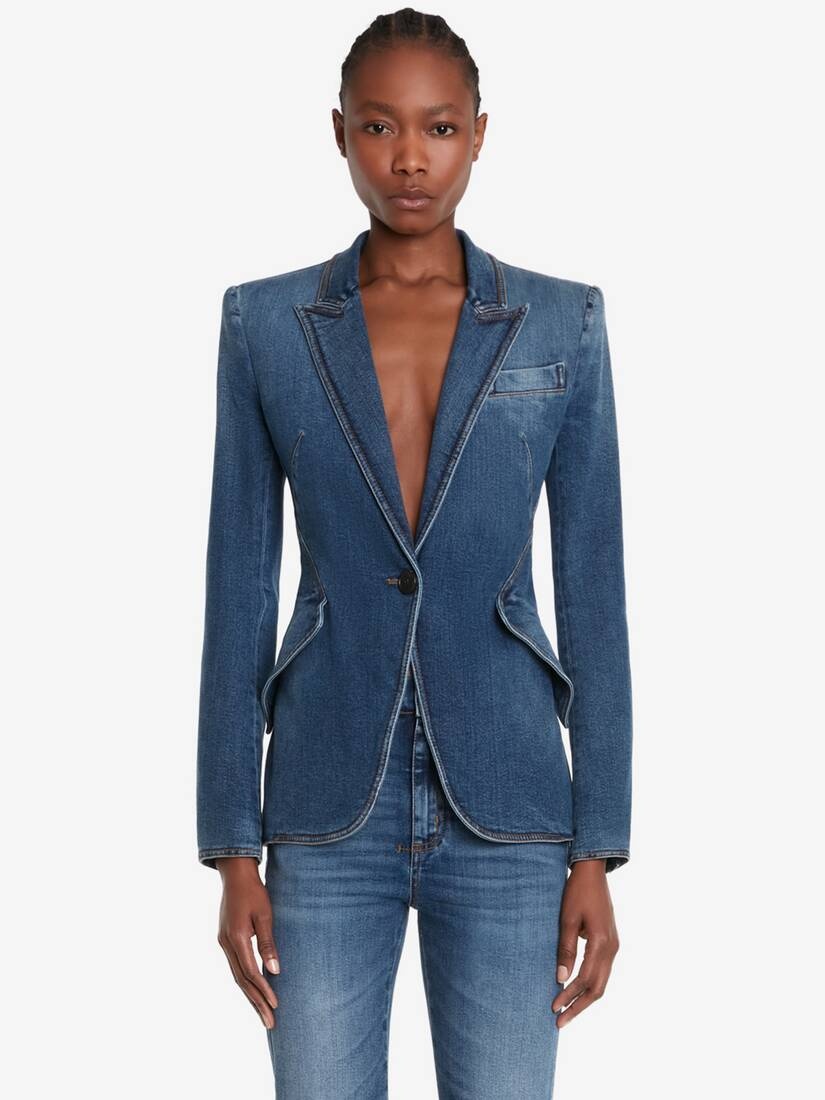 Alexander McQueen Women's Stretch Denim Jacket in Washed Blue, alexandermcqueen