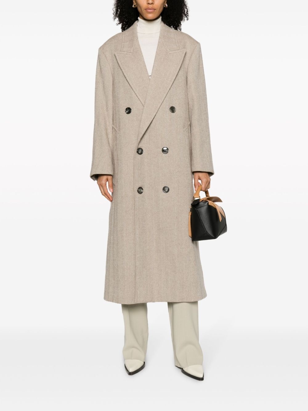 double-breasted herringboned long coat - 2