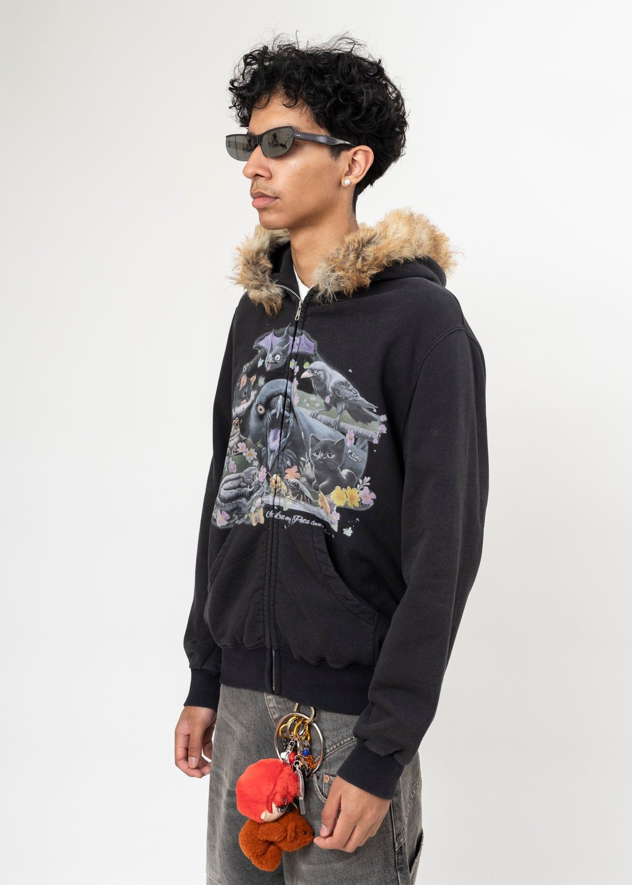 BLACK DOUBLET FURRY COLLAR ZIP-UP HOODIE - 2