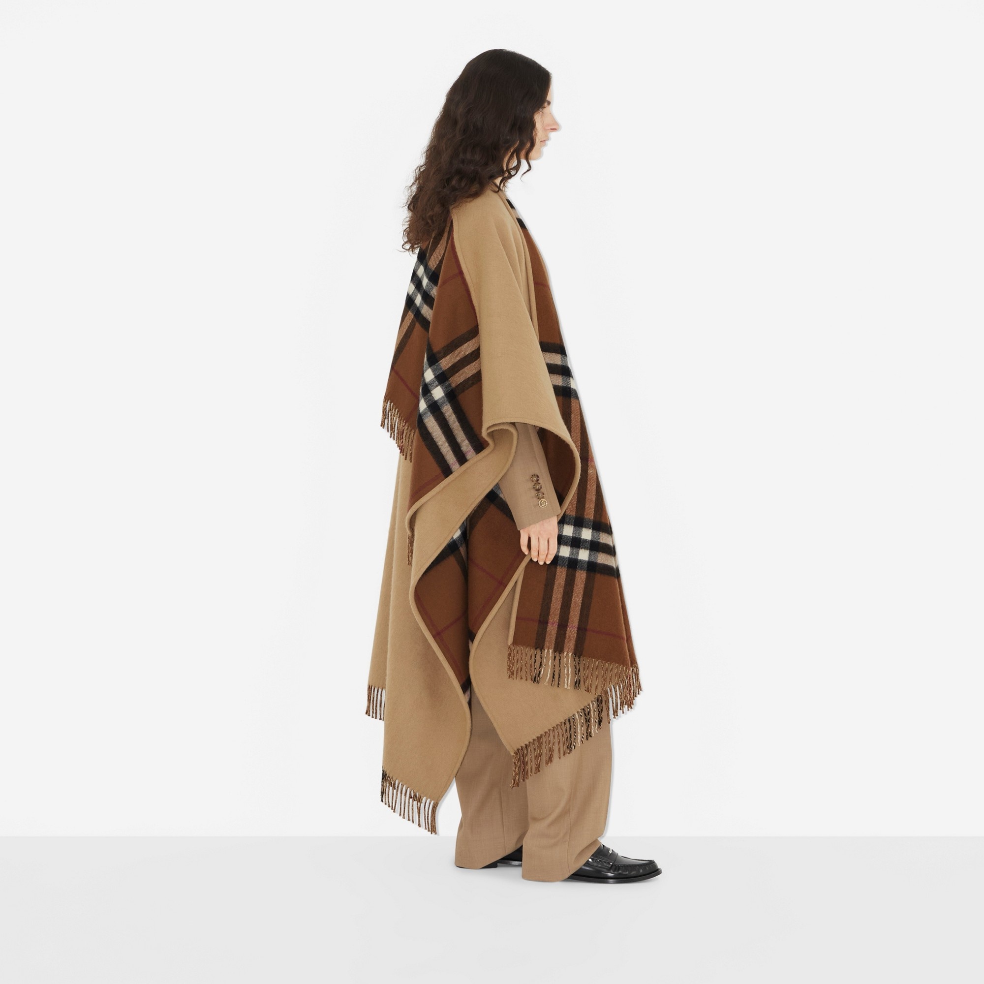 Check Panel Wool Cashmere Cape - 3