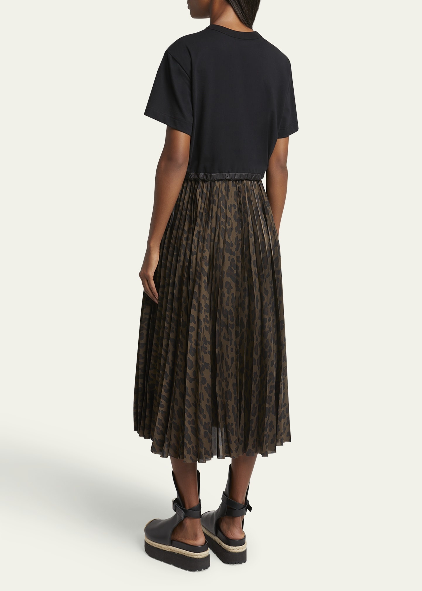 ■sacai■サカイ■Leopard Print Jersey & Satin Midi Dress■ Sacai Mixed Media Leopard Print Jersey & Satin Midi Dress in