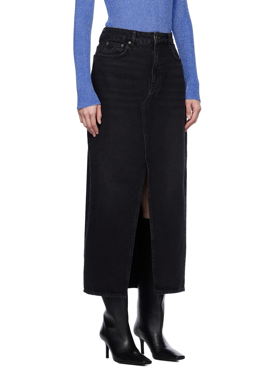 Black Slim Fit Denim Maxi Skirt - 2