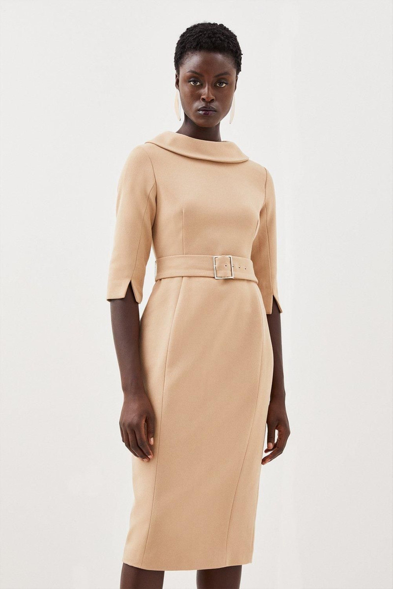 Petite Structured Crepe Roll Neck Belted Tailored Midi Dress 1