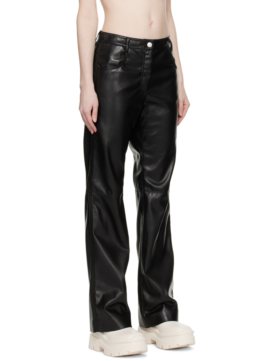 Black Paneled Faux-Leather Trousers - 2