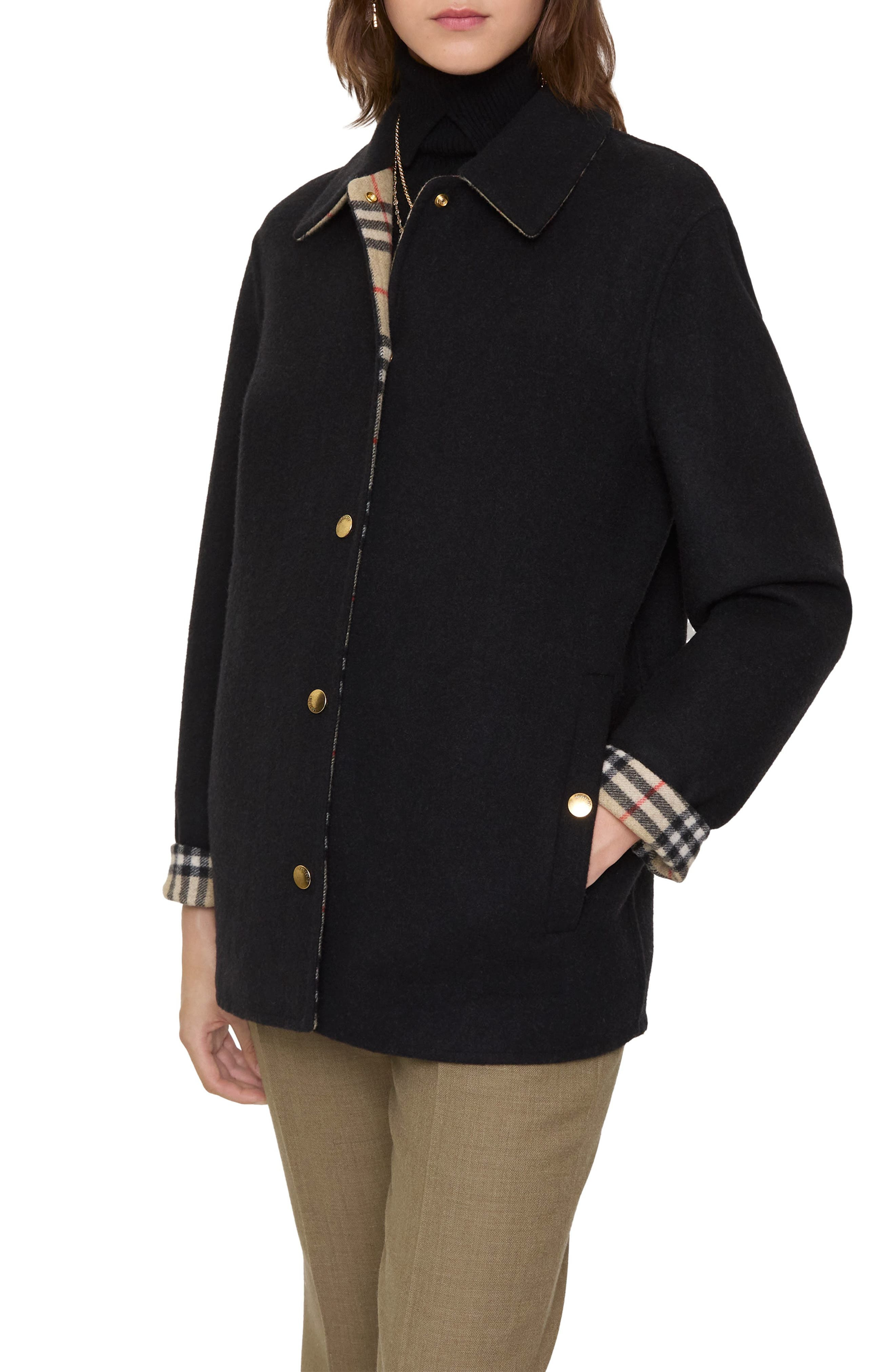 burberry Double Face Wool Twill Overshirt in Black/Sand Ip Check at Nordstrom - 7