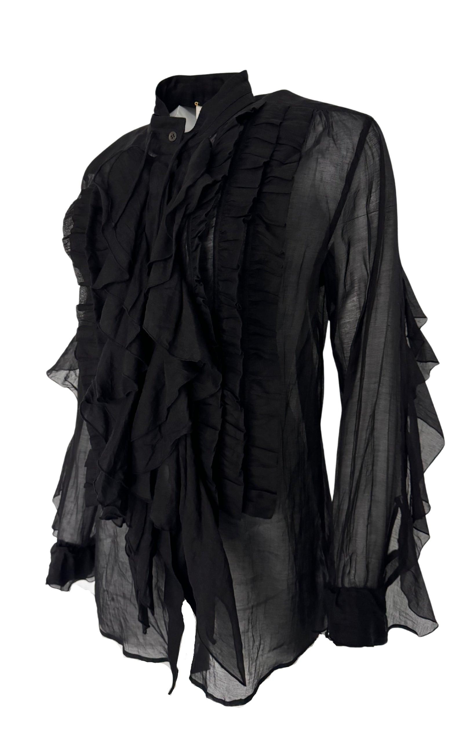Black Ruffle Cotton Silk Blend Shirt - 8