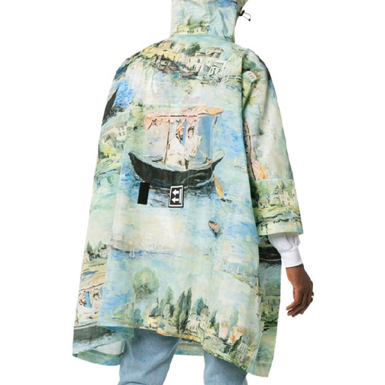 Men's Off-White Painting Pattern Mid-Length Nylon Pullover Hooded Loose Fit Green Windbreaker OMEI00 - 3
