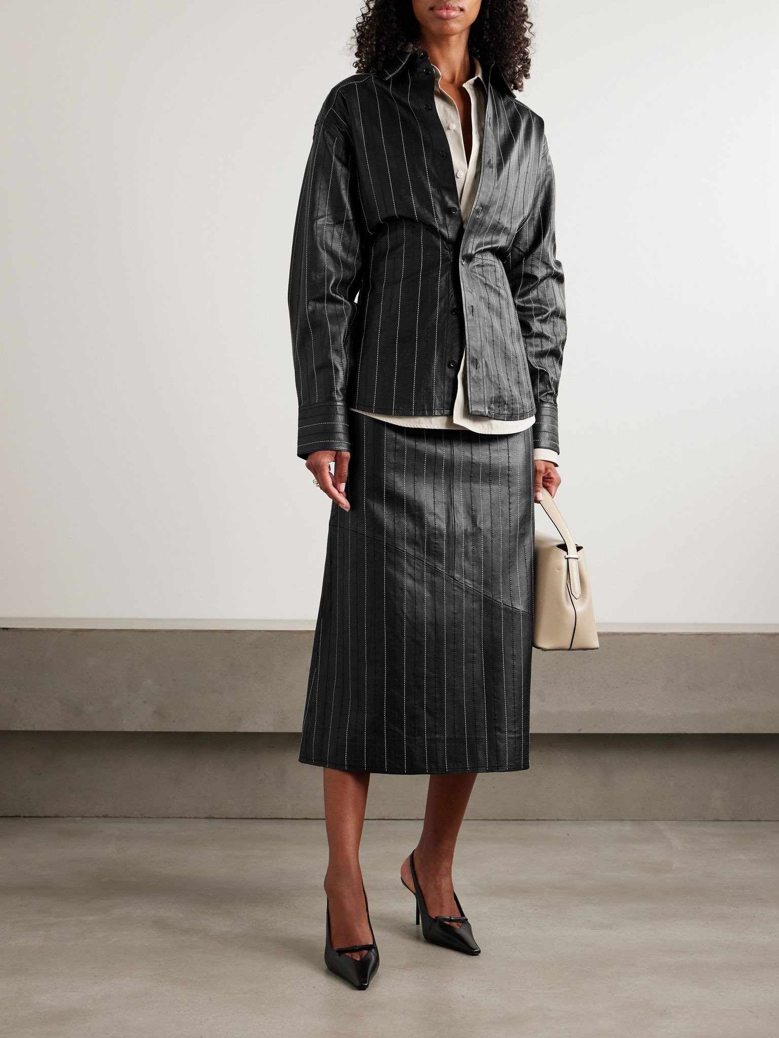 Paneled embroidered pinstriped leather midi skirt Black - 2