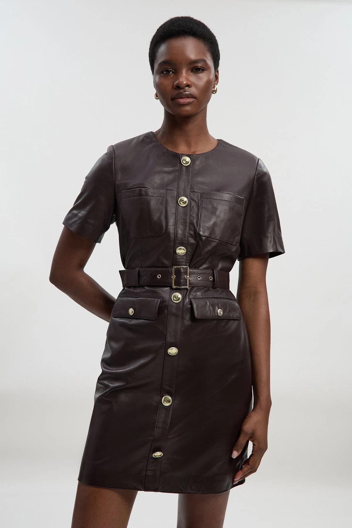 Leather Pocket Belted Mini Dress - 1