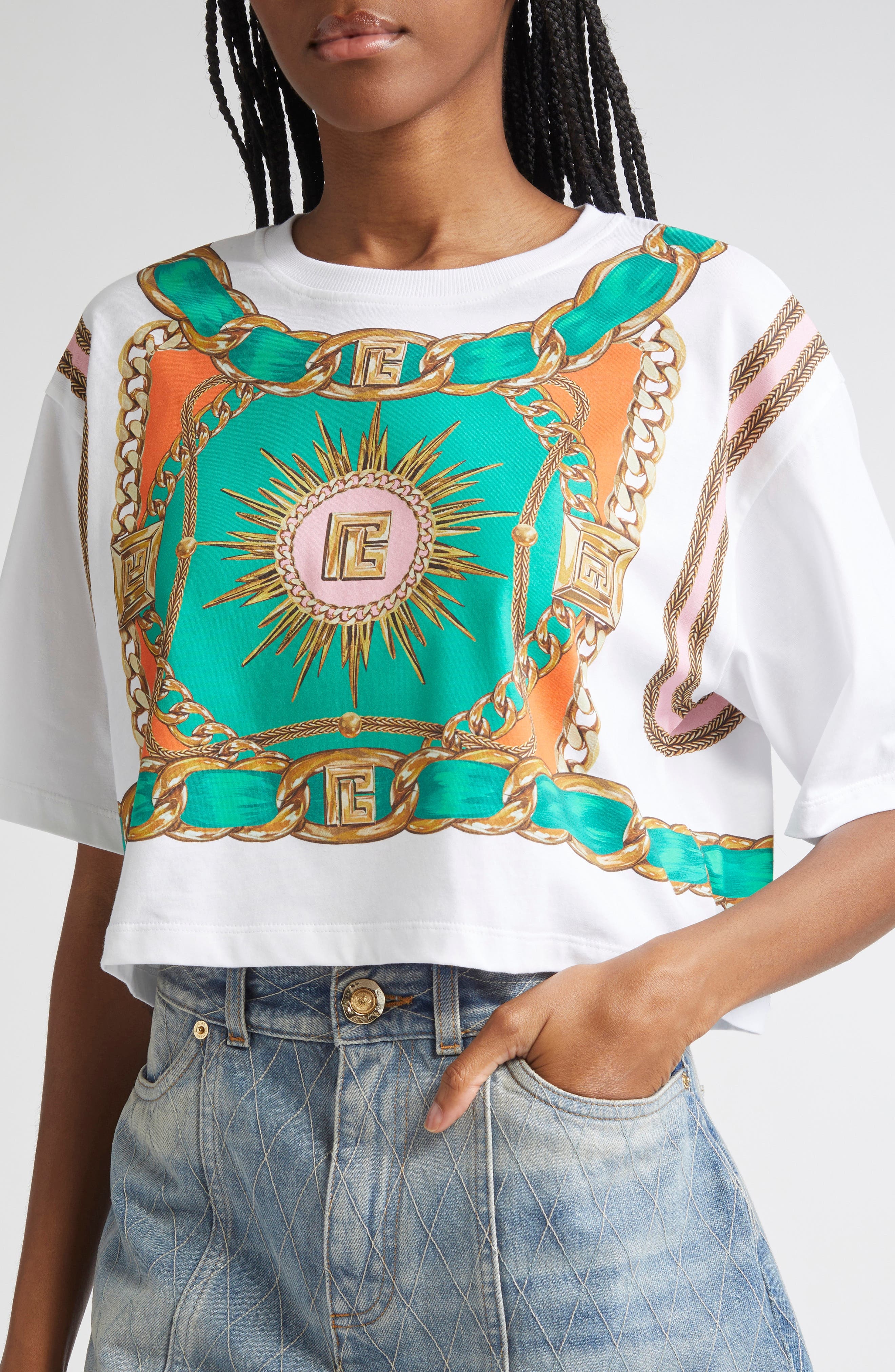 Balmain Foulard Print Crop T-Shirt in Gsr White Multi at Nordstrom - 5