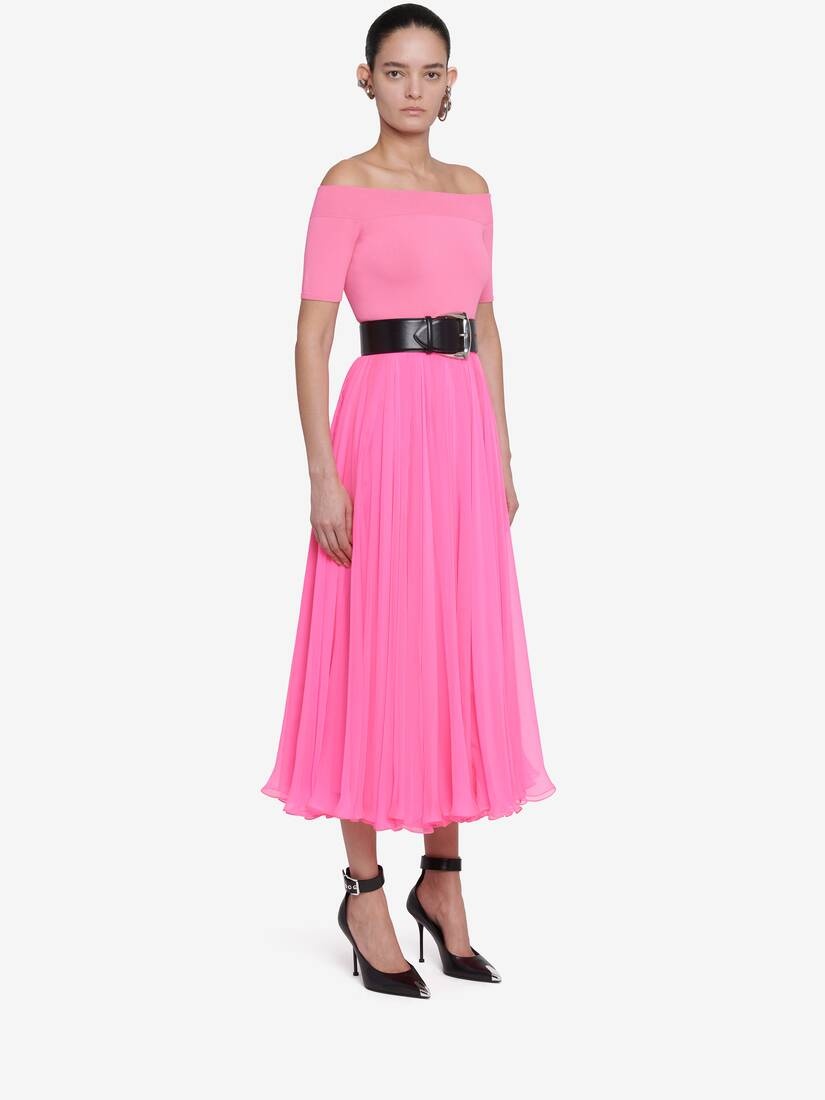 Women's Pleated Midi Skirt in Psychedelic Pink - 3