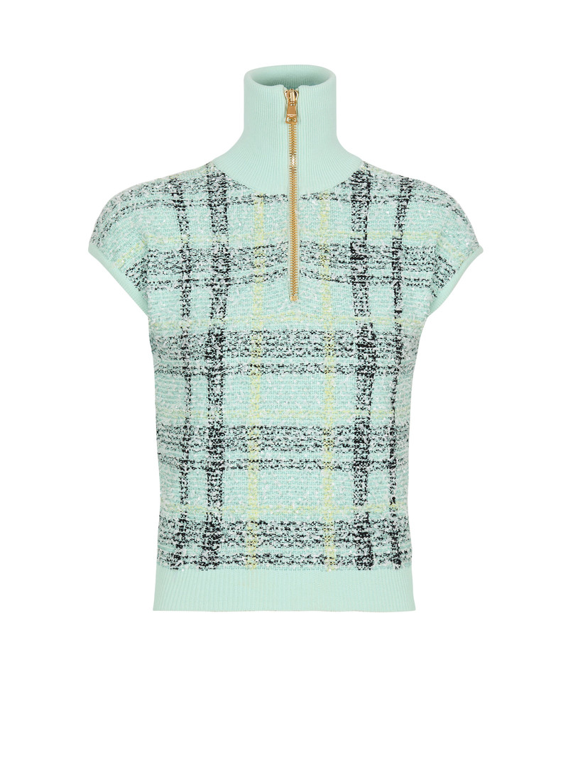 Sleeveless plaid tweed top 1
