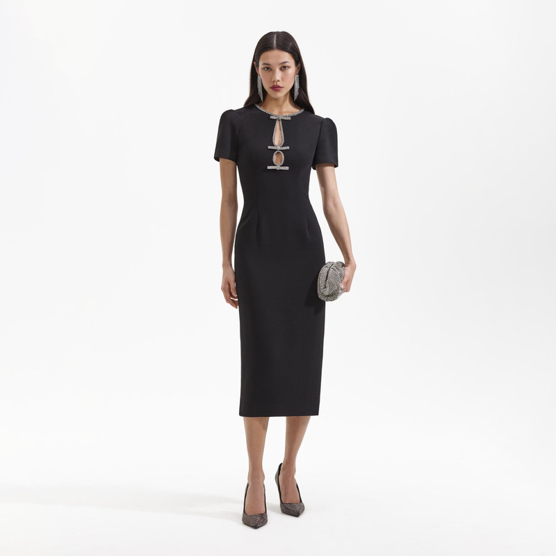 self-portrait Black Crepe Diamante Bow Midi Dress - SS24-031M-B | REVERSIBLE
