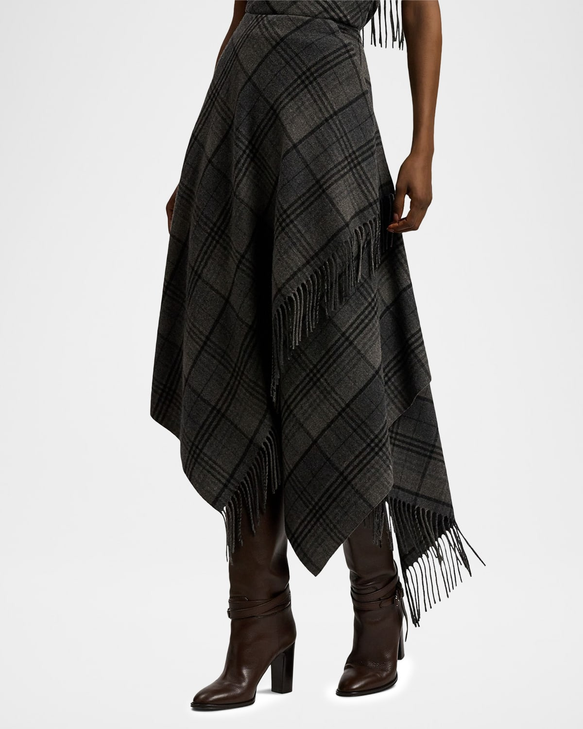 Fringed Plaid Wrap Midi Skirt - 6