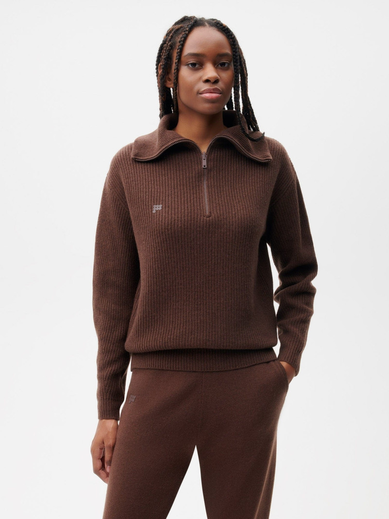 PANGAIA Womens Recycled Cashmere Half Zip Sweater - Chestnut Brown outlook