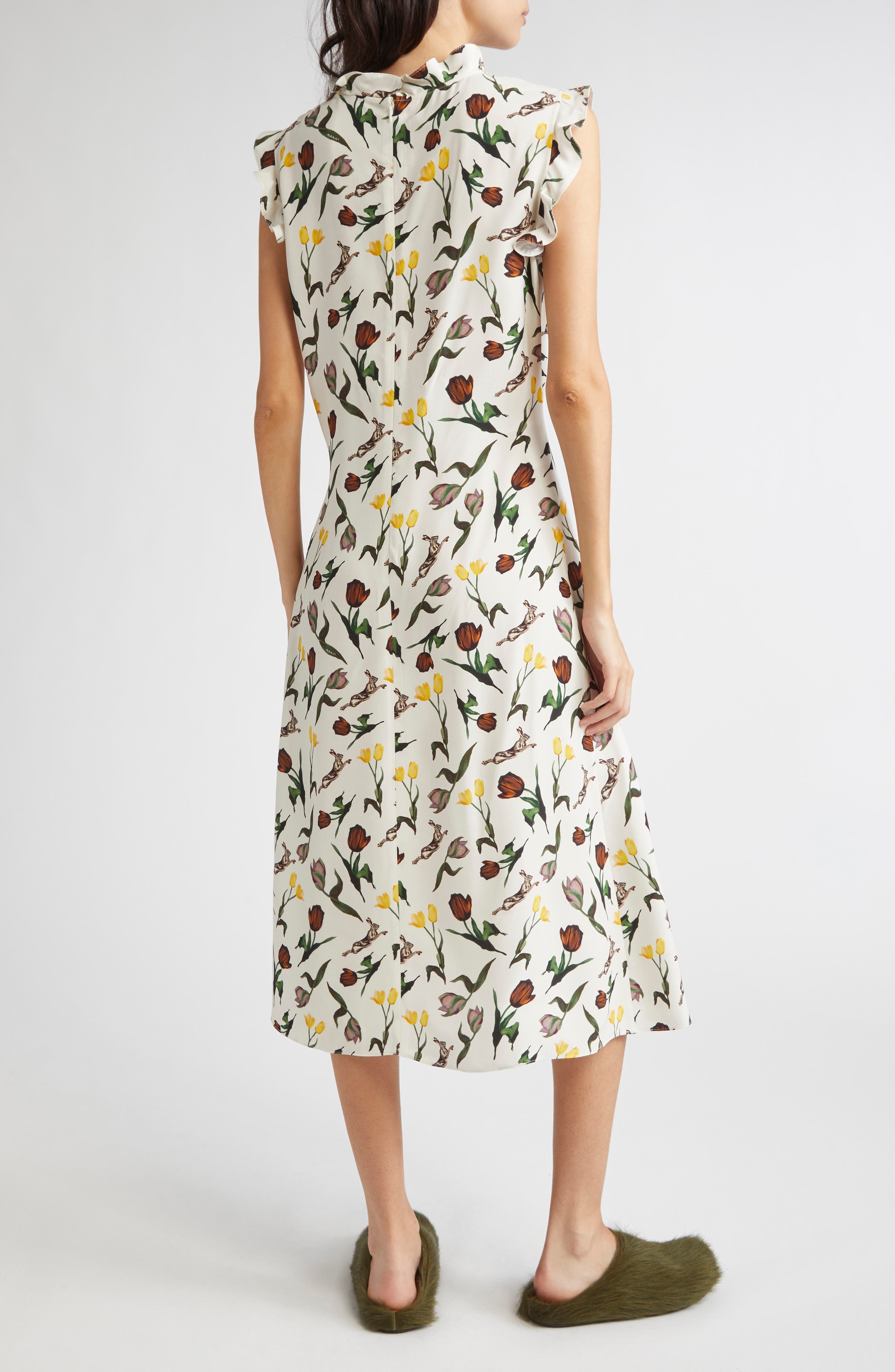 Marni Tulips & Hares Ruffle Satin Midi Dress in Limestone at Nordstrom - 2