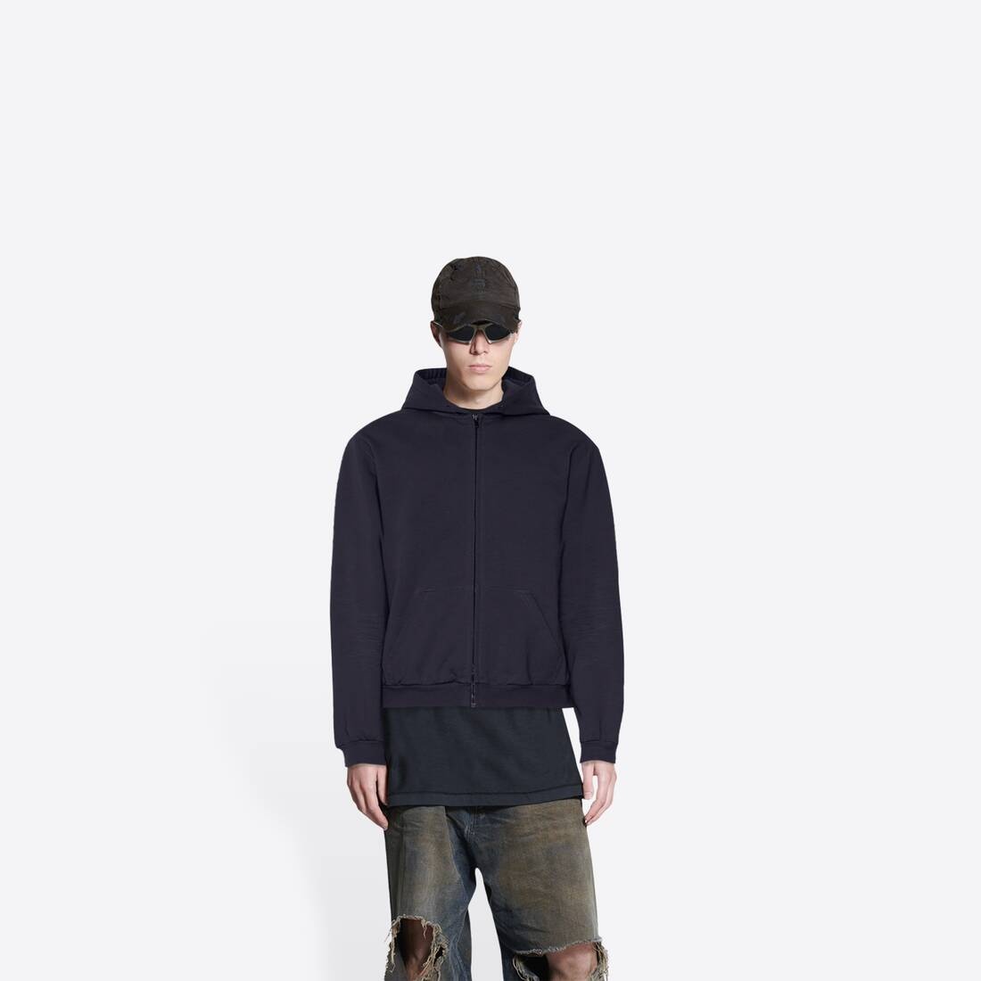 Men's Balenciaga Tab Worn-out Zip-up Hoodie in Black - 3