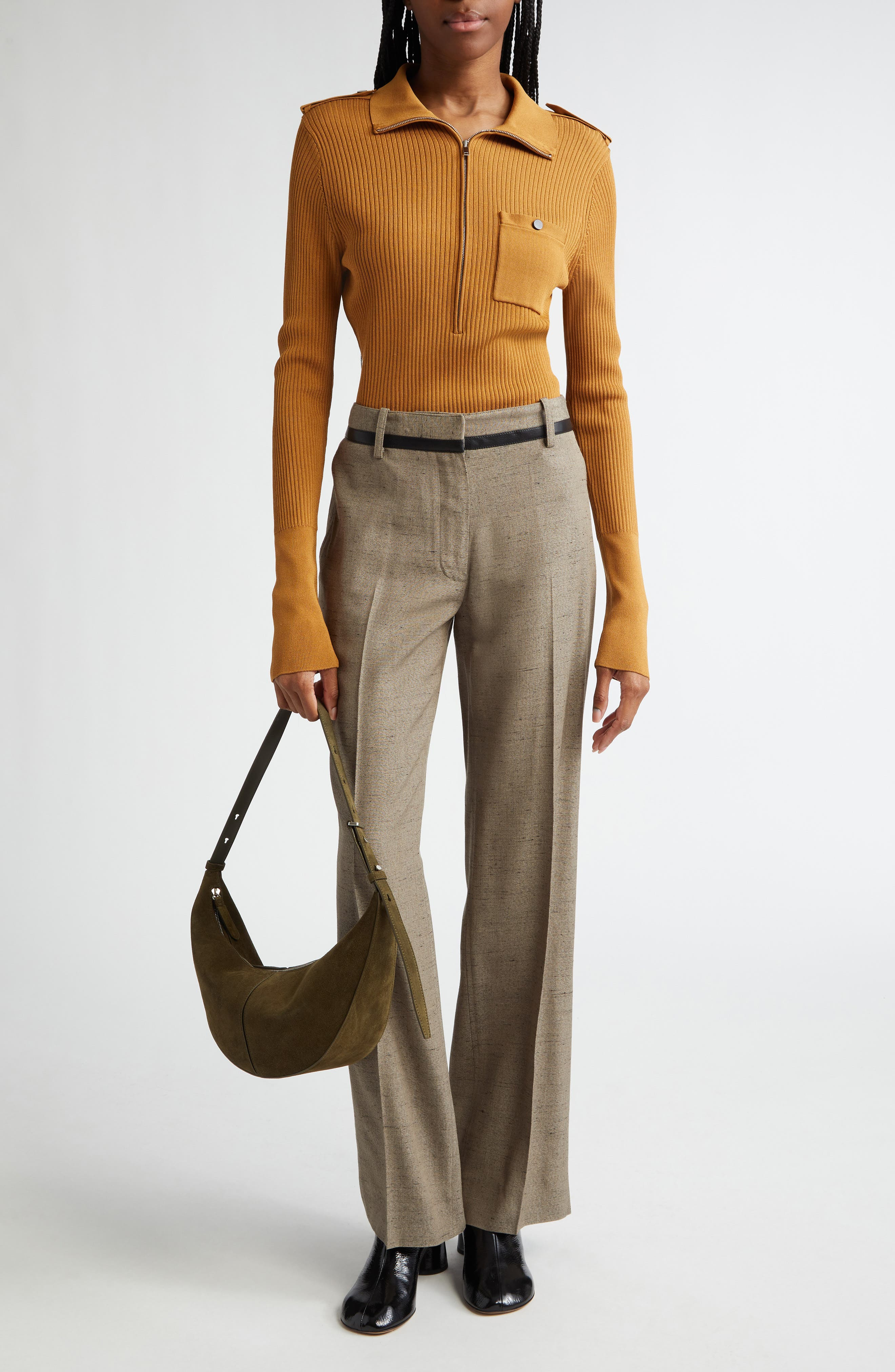 Proenza Schouler Norah Half Zip Rib Top in Dark Camel at Nordstrom - 2