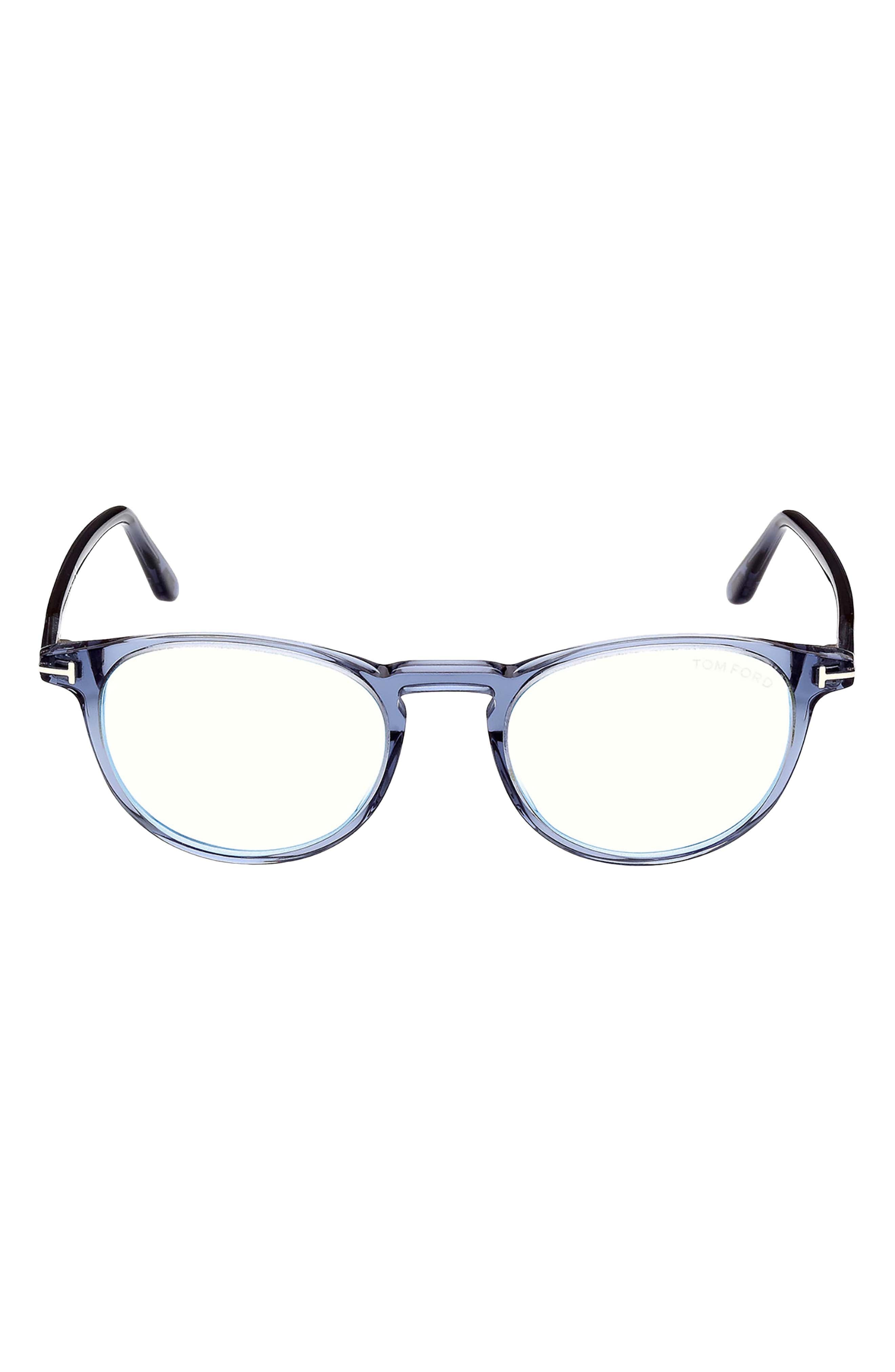 TOM FORD 51mm Round Blue Light Blocking Optical Glasses in Shiny Blue at Nordstrom - 1