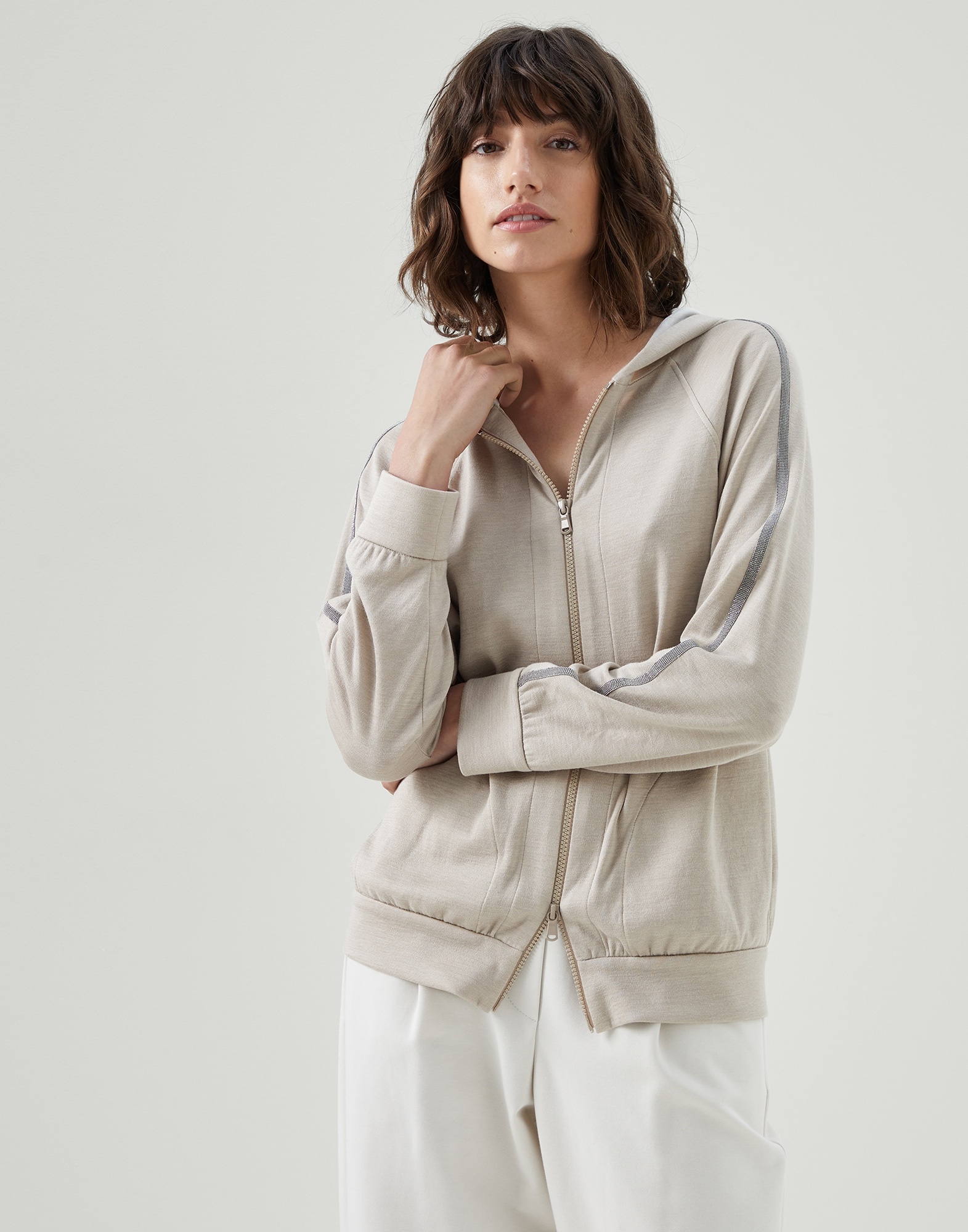 Cotton and silk interlock hooded sweatshirt with precious stripe - 1