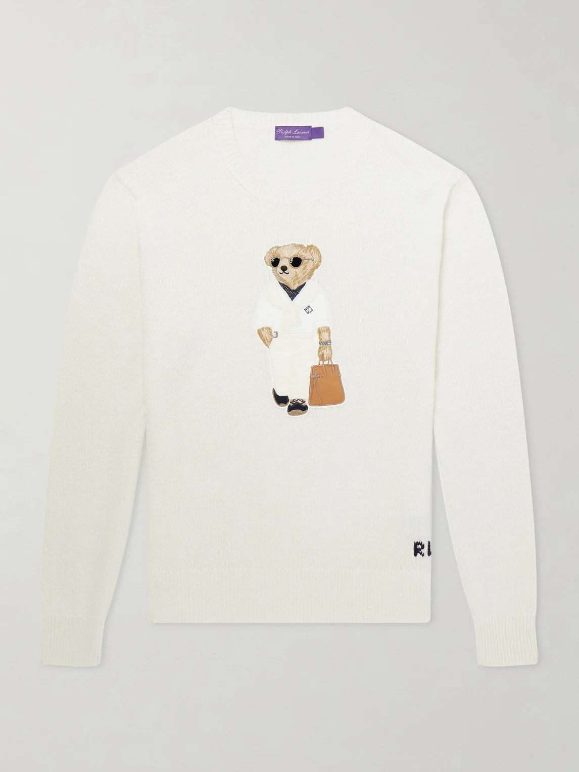 Polo Bear Logo-Appliquéd Leather-Trimmed Knitted Silk and Linen-Blend Sweater - 1