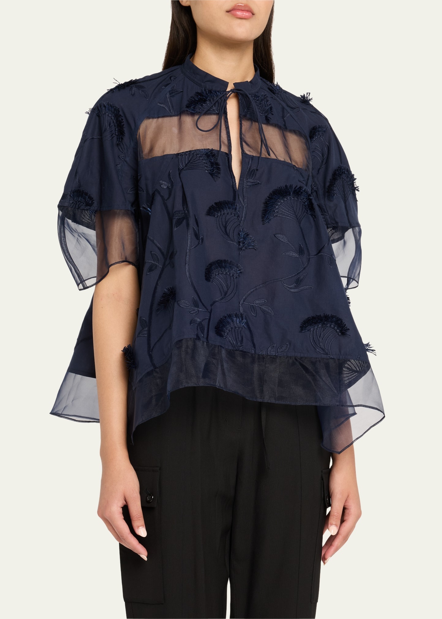 Short-Sleeve Embroidered Organza Flounce Top - 4