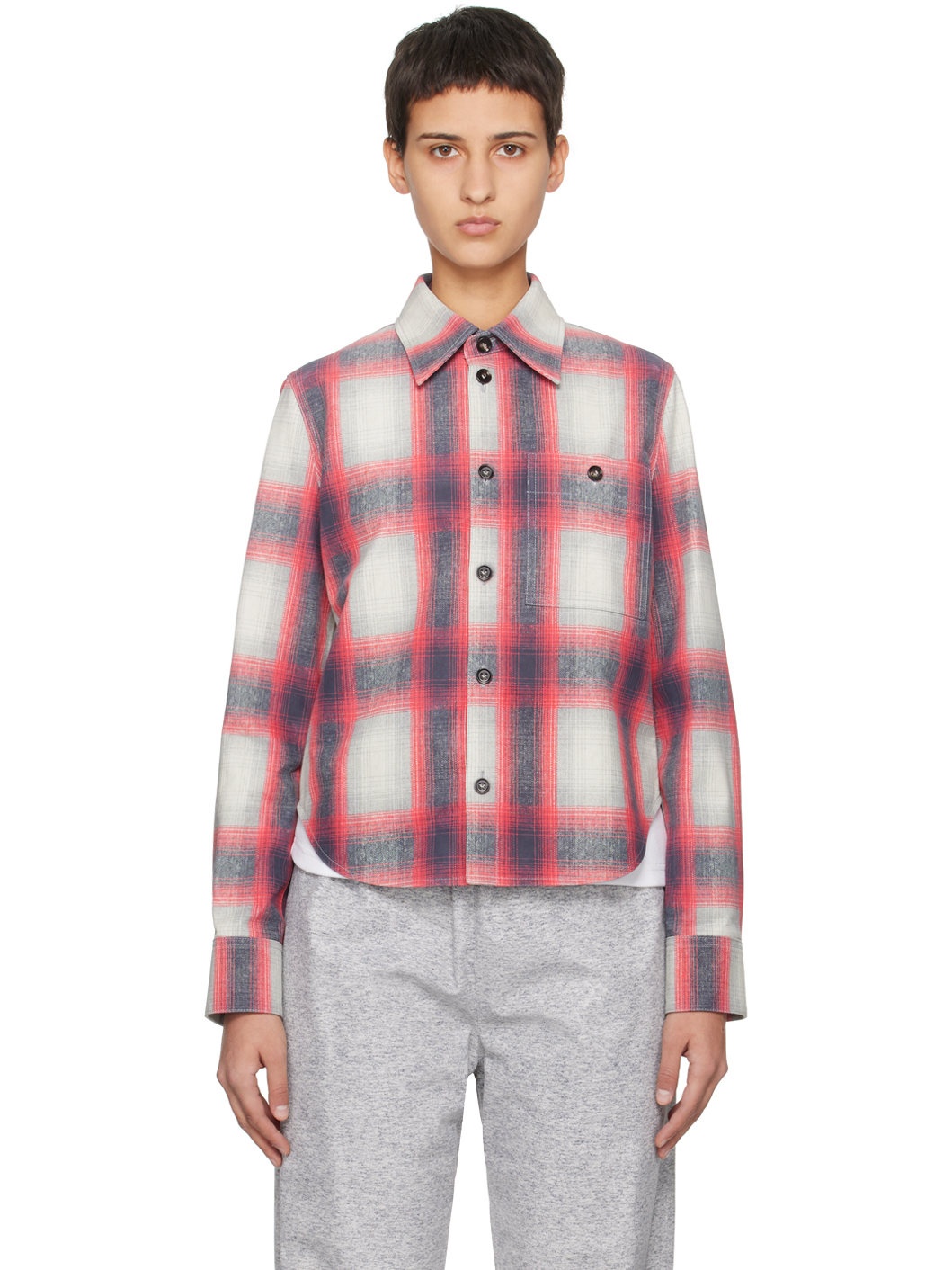 Red & Gray Check Leather Shirt - 1