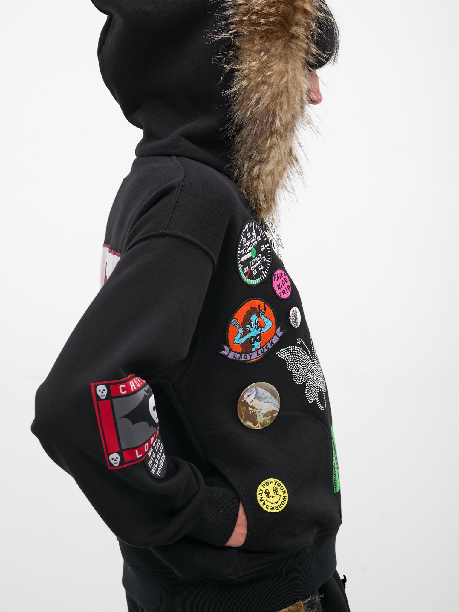 Black Fur Trim Patch Hoodie - 5