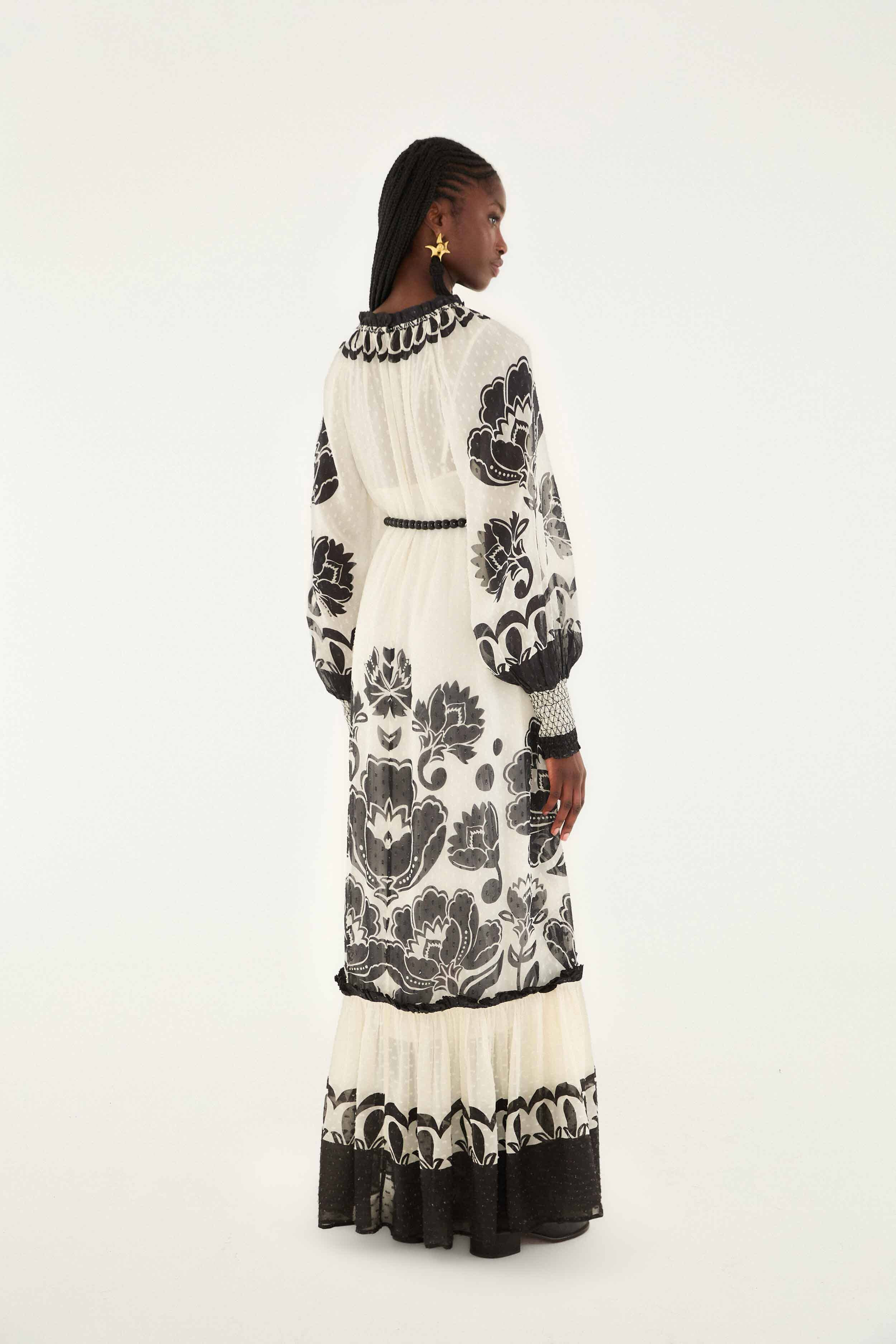 Cream Floral Arabesque Rope Belt Maxi Dress - 4