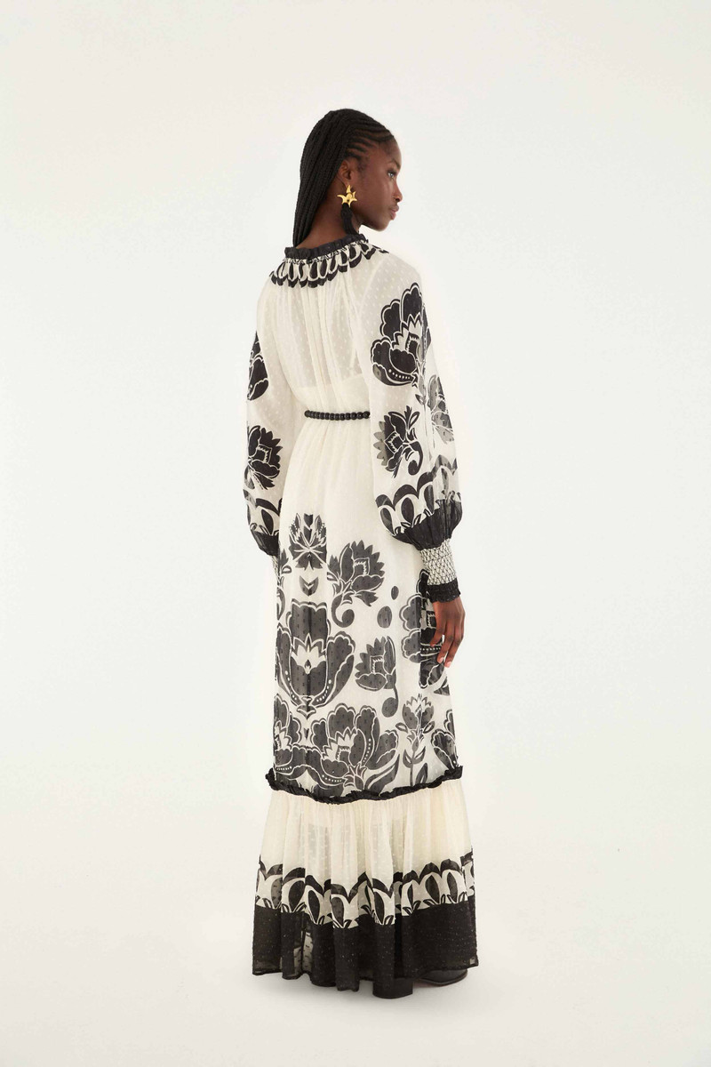 Cream Floral Arabesque Rope Belt Maxi Dress 4