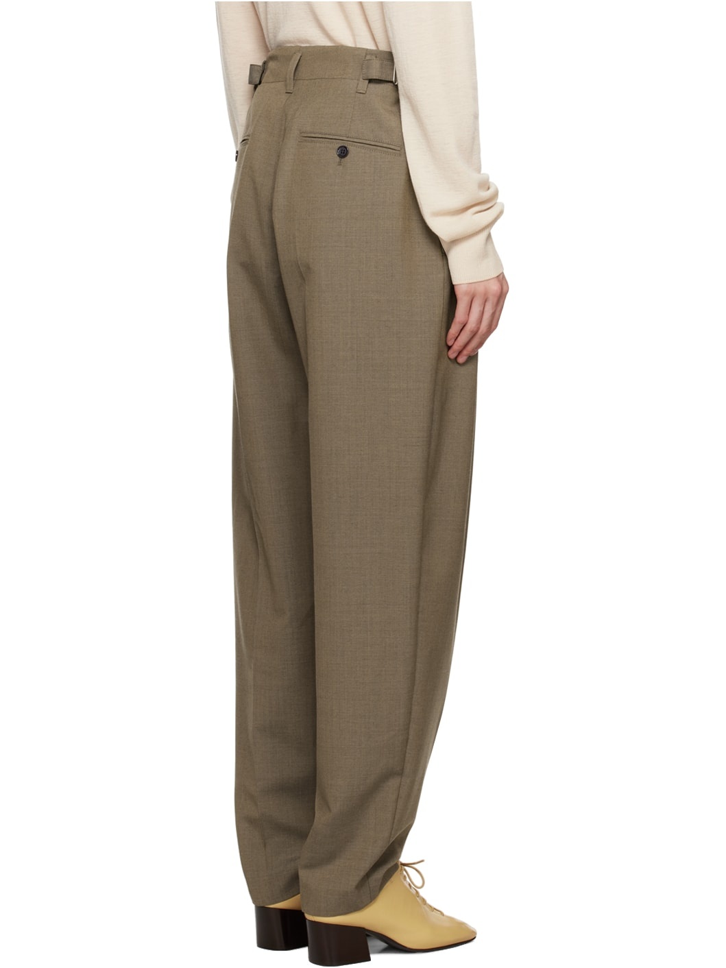 Taupe Pleated Tapered Trousers - 3