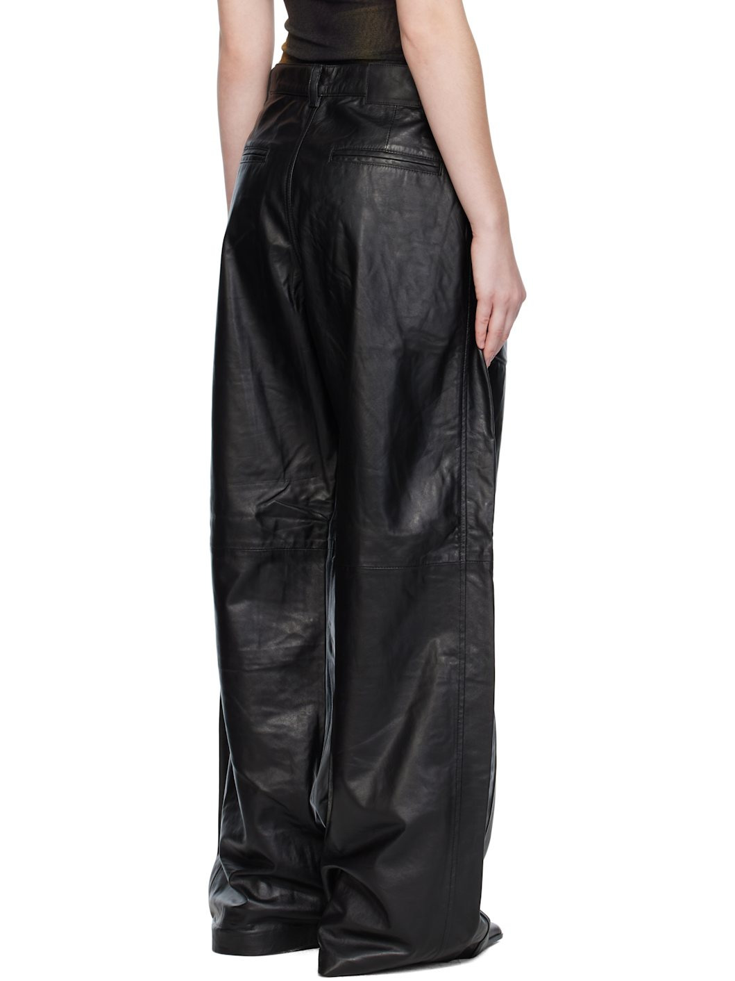 Black Pleated Wide Leg Leather Pants - 3