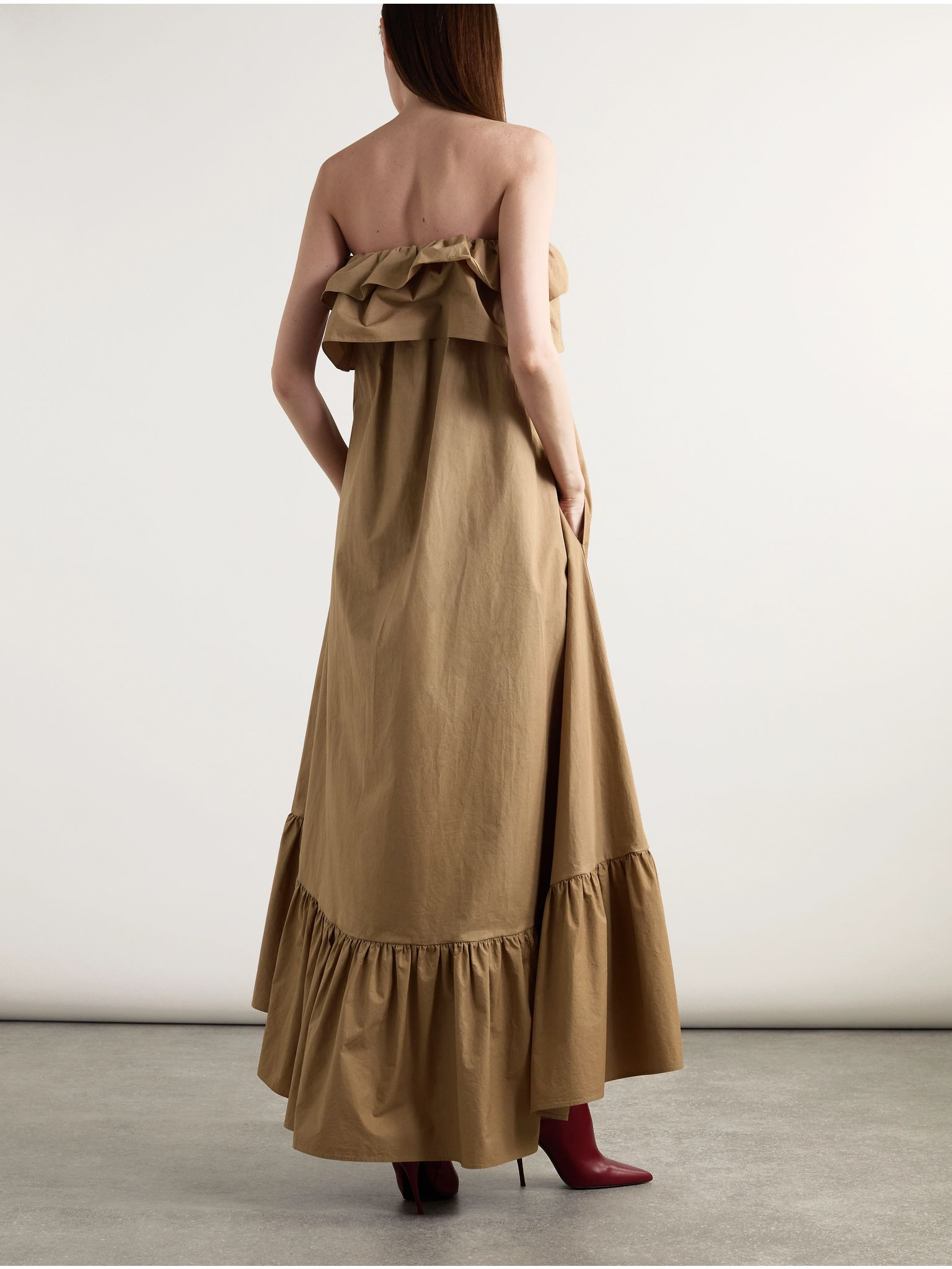 Strapless ruffled cotton-gabardine maxi dress Beige - 4