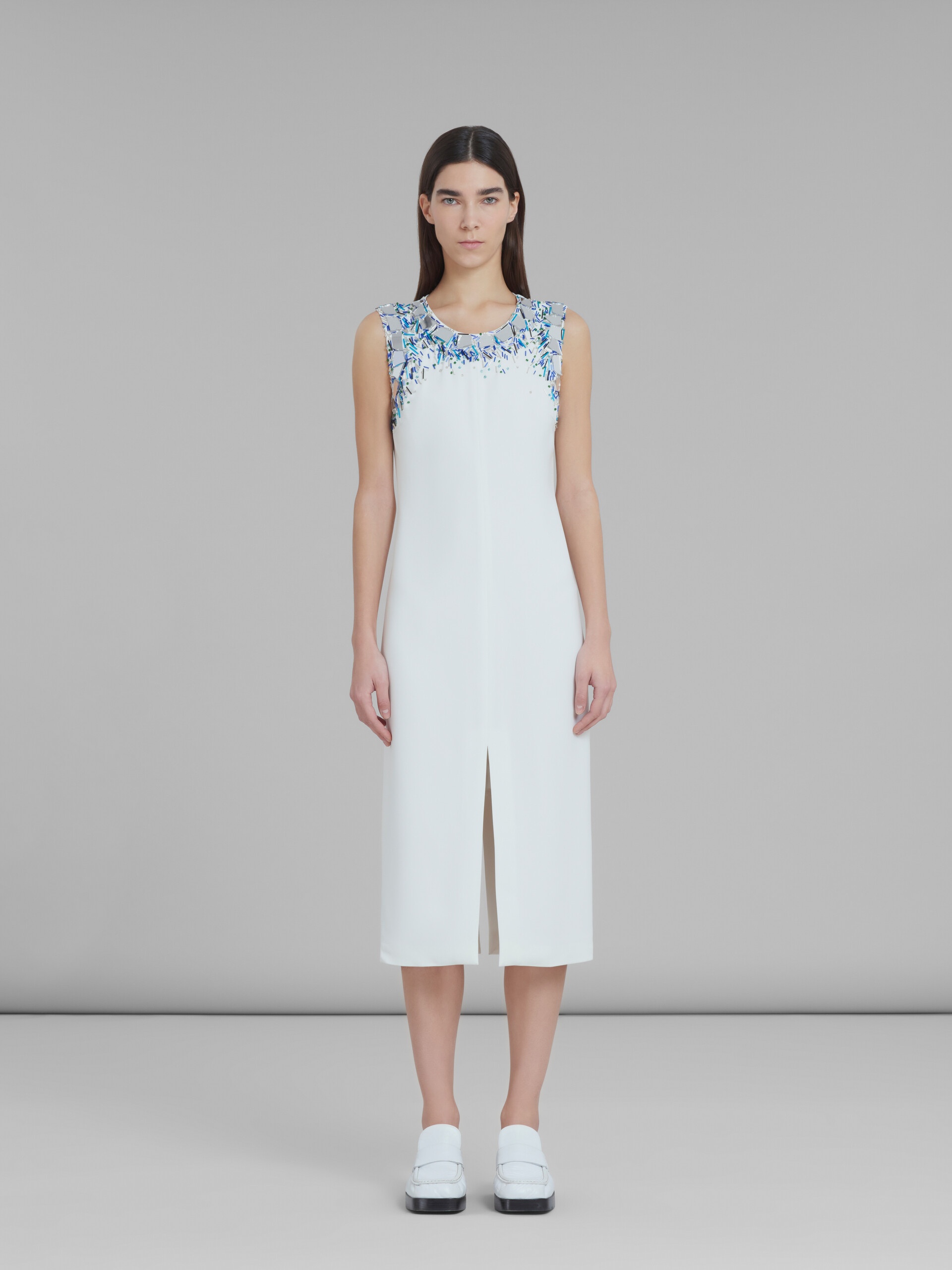 WHITE VISCOSE MIDI DRESS WITH BEADED NECKLINE - 2