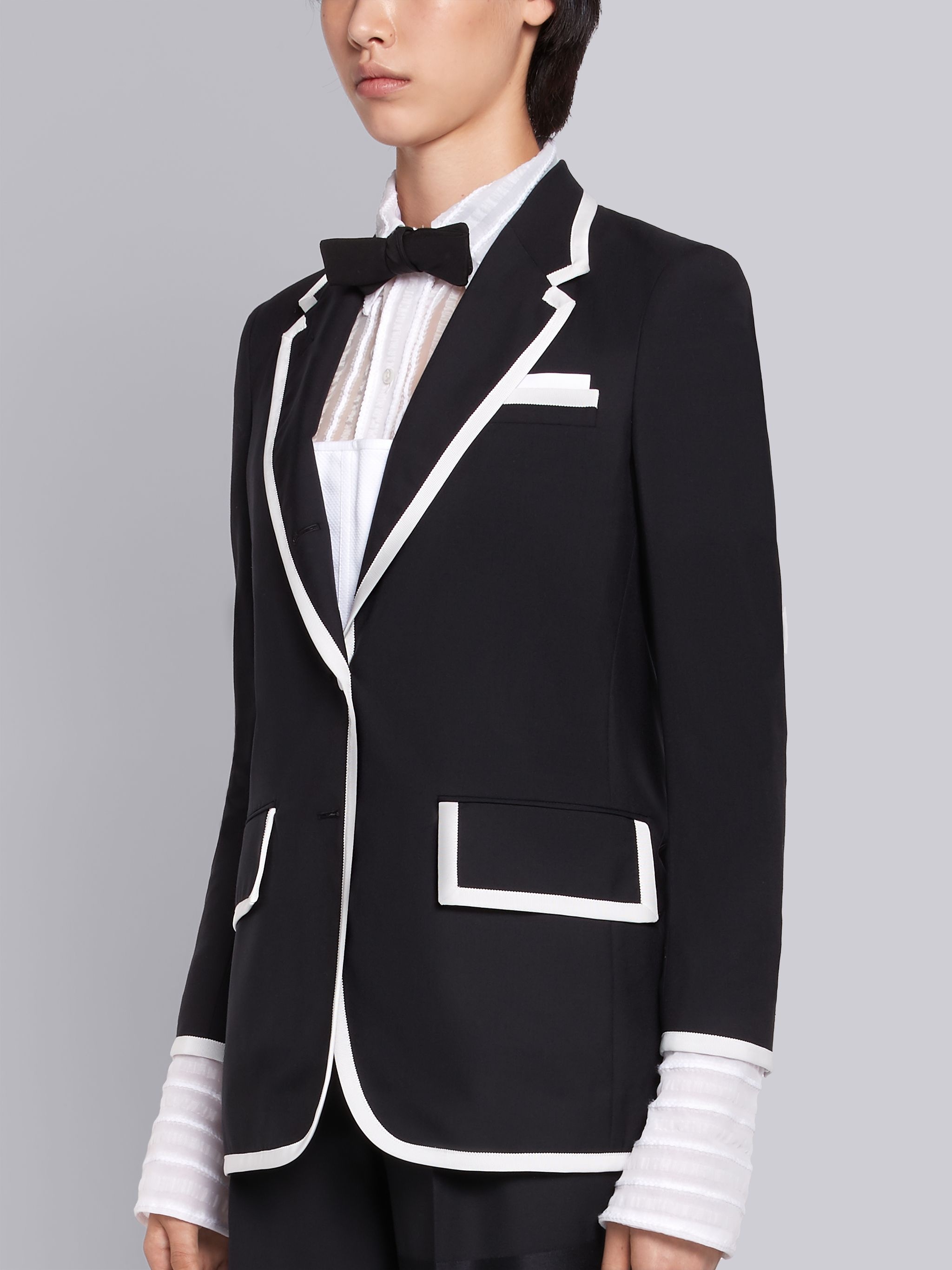 Black Super 120s Plain Weave Wide Lapel Jacket - 2