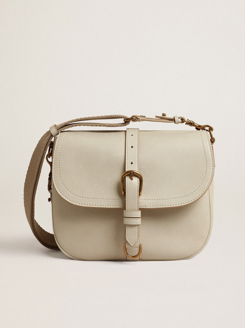 Medium Sally Bag in porcelain leather with buckle and contrasting shoulder strap 1